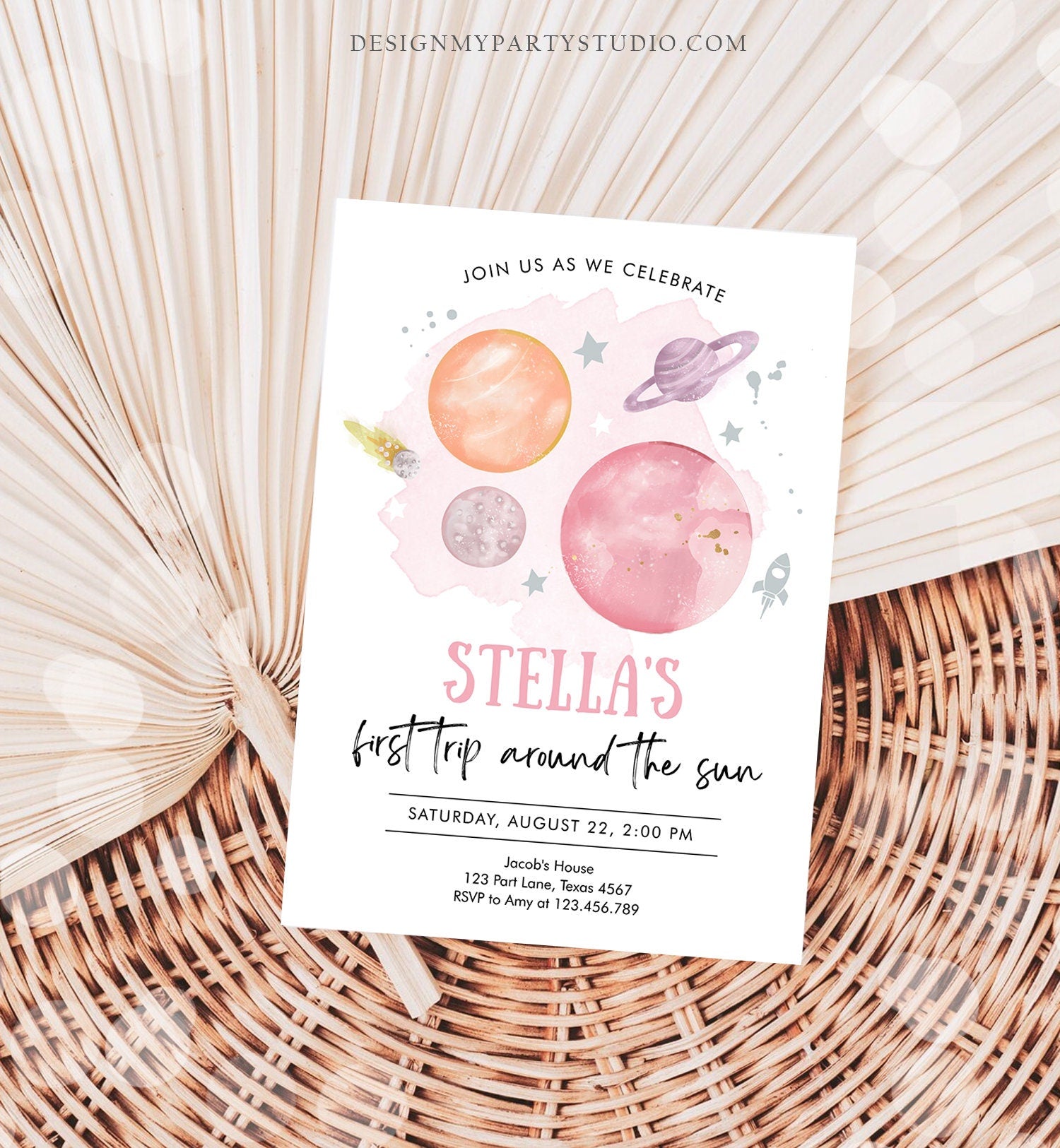 Editable Outer Space Girl First Birthday Invitation Galaxy First Trip Around the Sun Pink Silver Digital Download Template Printable 0357