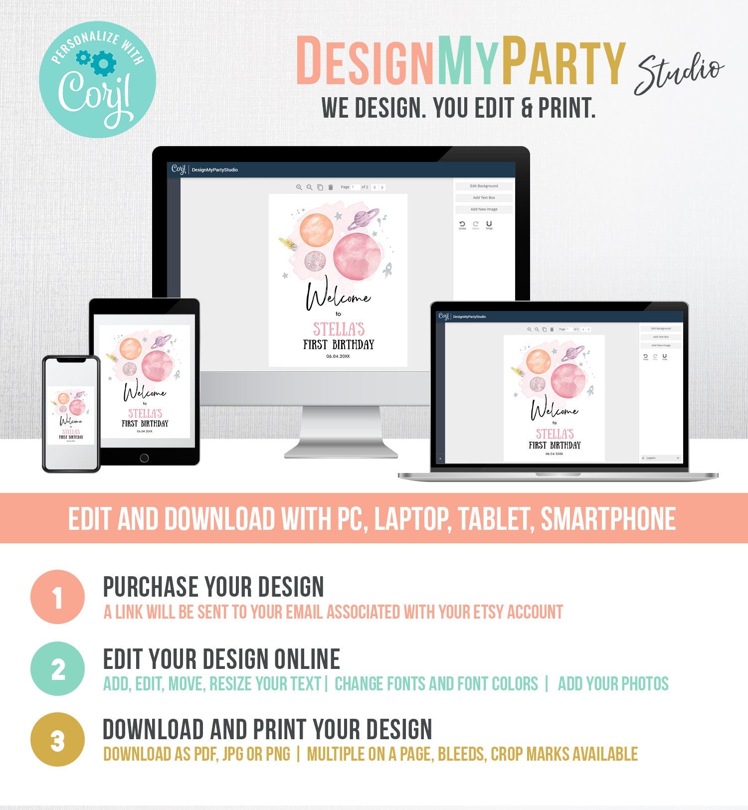 Editable Outer Space Birthday Welcome Sign 1st Birthday Girl Pink Orange Galaxy Planets Trip Around the Sun Digital Template Printable 0357