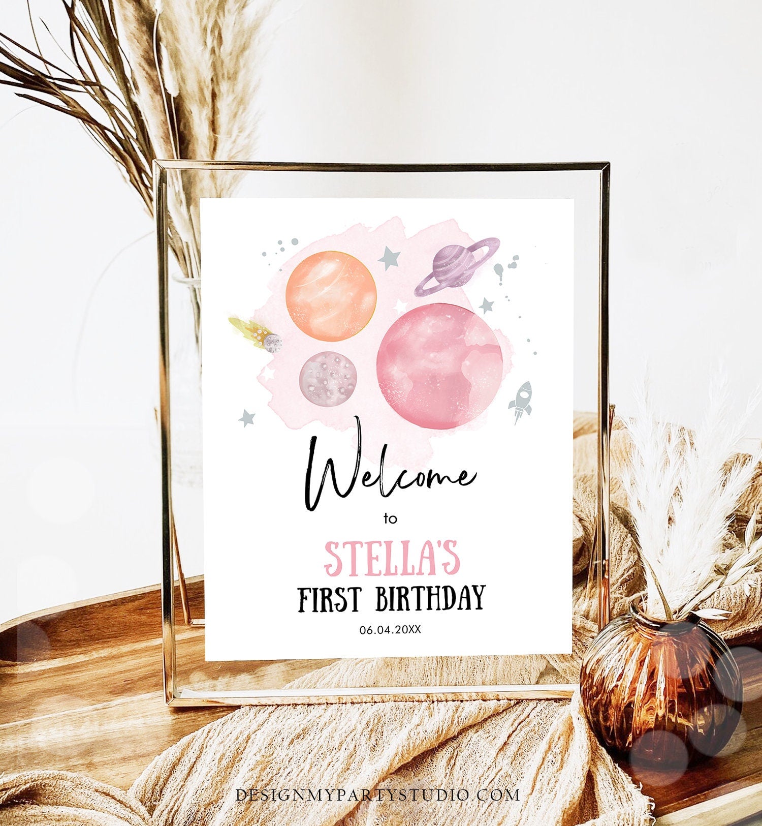 Editable Outer Space Birthday Welcome Sign 1st Birthday Girl Pink Orange Galaxy Planets Trip Around the Sun Digital Template Printable 0357