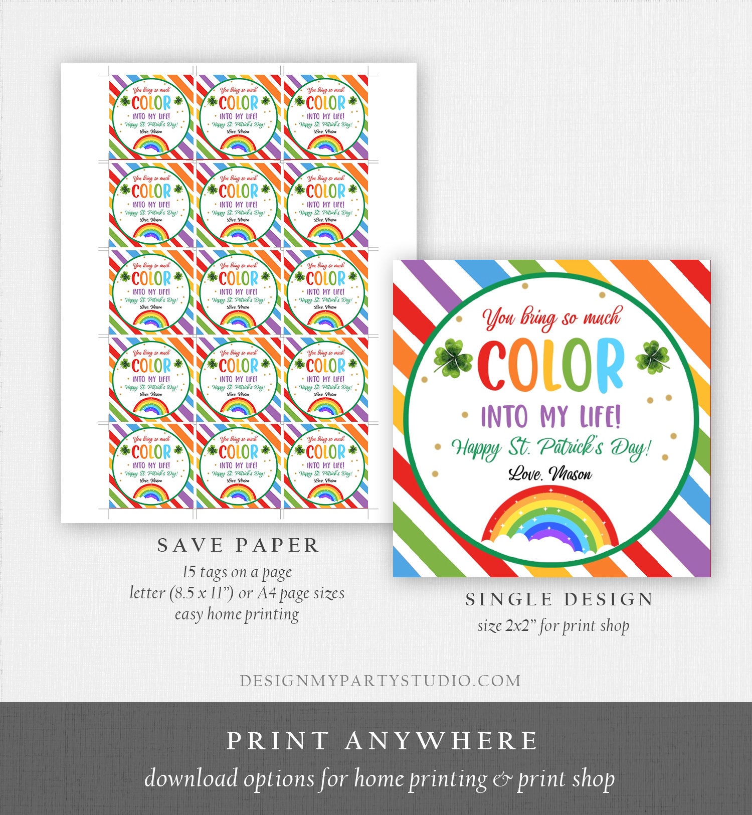 Editable Chasing Rainbows Tag St Patrick's Day Favor Tags Gift Kids Crayons Pot of Gold Shamrock Leprechaun Digital Template Printable 0451