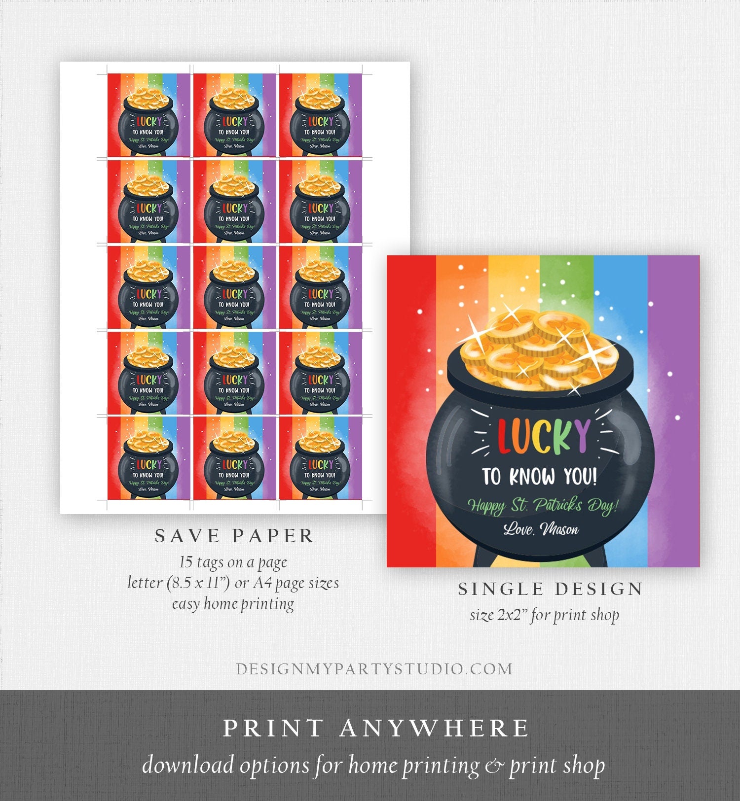 Editable St. Patrick's Day Tag Pot of Gold Favor Tags Glassroom Gift Kids Rainbow Teacher Friend Class Treats St Paddys Template Corjl 0451