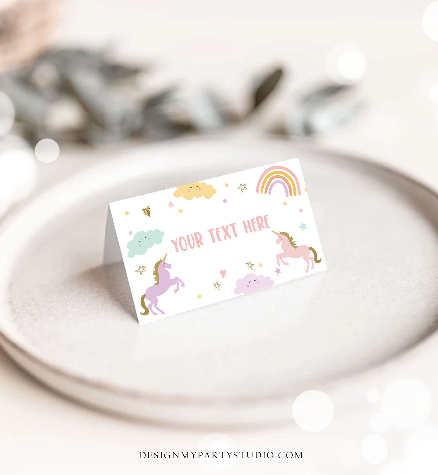Editable Unicorn Food Labels Magical Rainbow Pink Pastel Girl Birthday Place Card Tent Card Escort Card Digital Download Corjl Template 0426