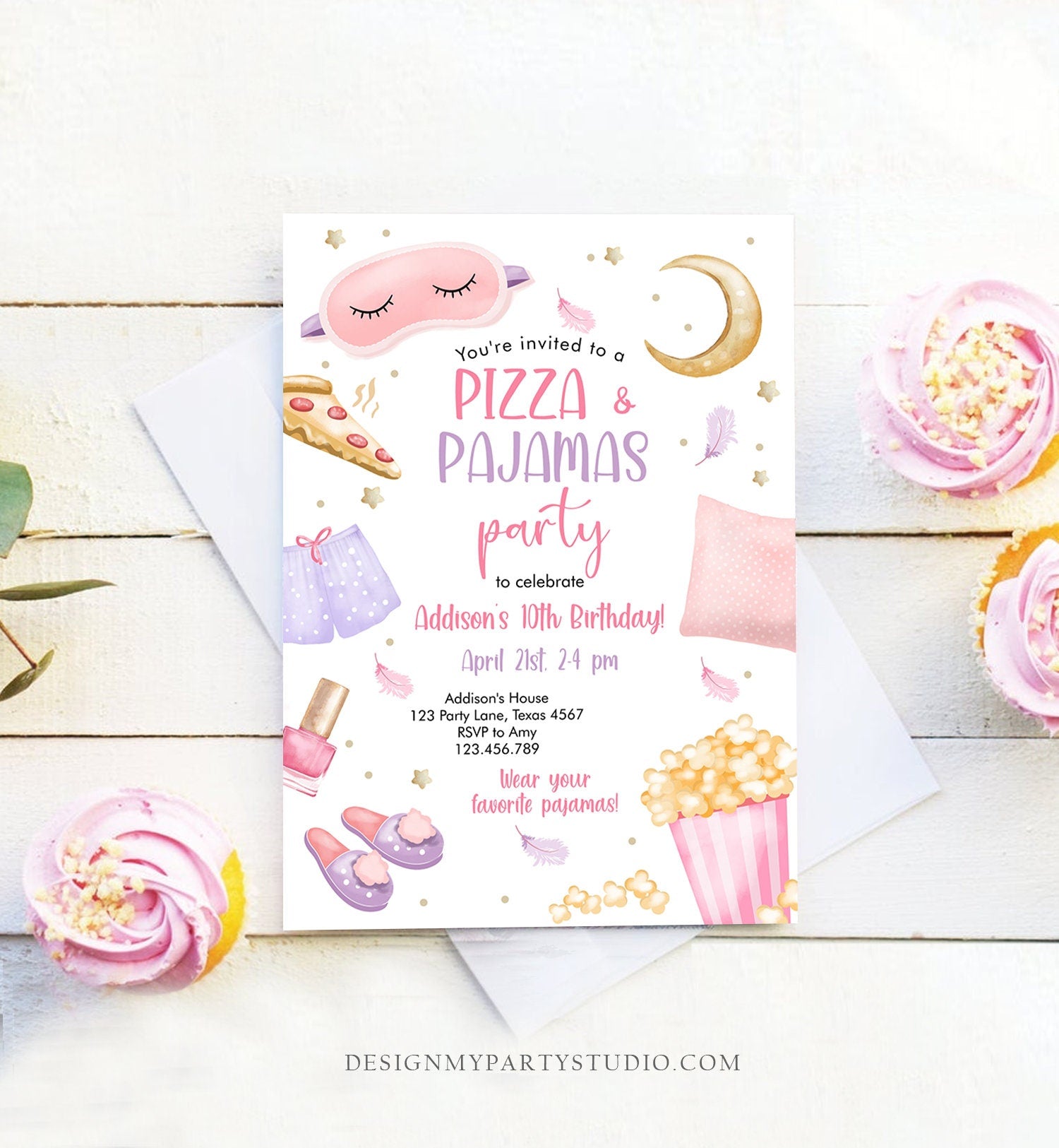 Editable Pizza and Pajamas Birthday Invitation Movie Night Party Girl Pink Teen Tween Slumber Party Digital Corjl Template Printable 0447