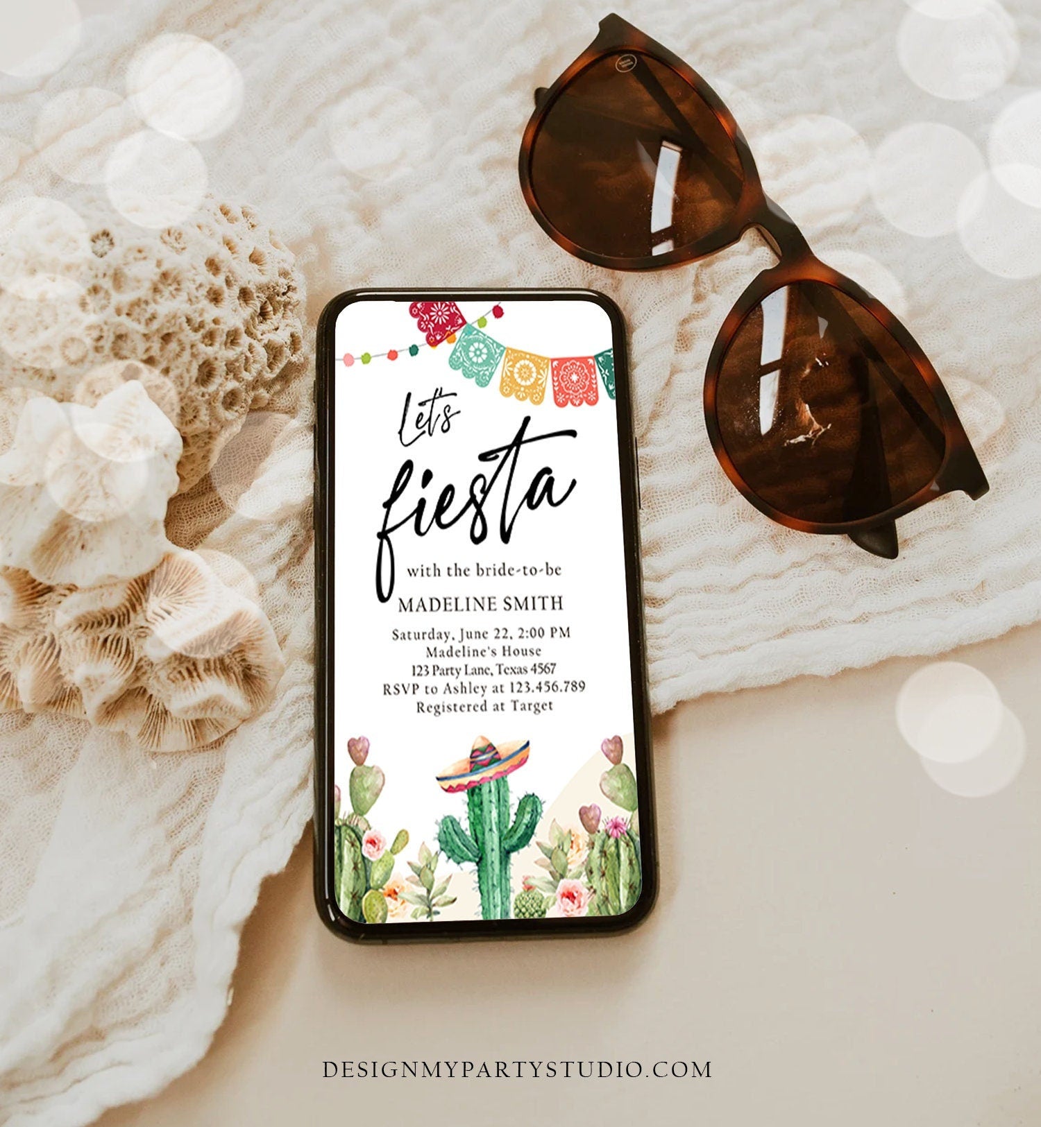 Editable Fiesta Bridal Shower Evite Couples Shower Mexican Cactus Succulent Desert Floral Invitation Phone Electronic Template Corjl 0404
