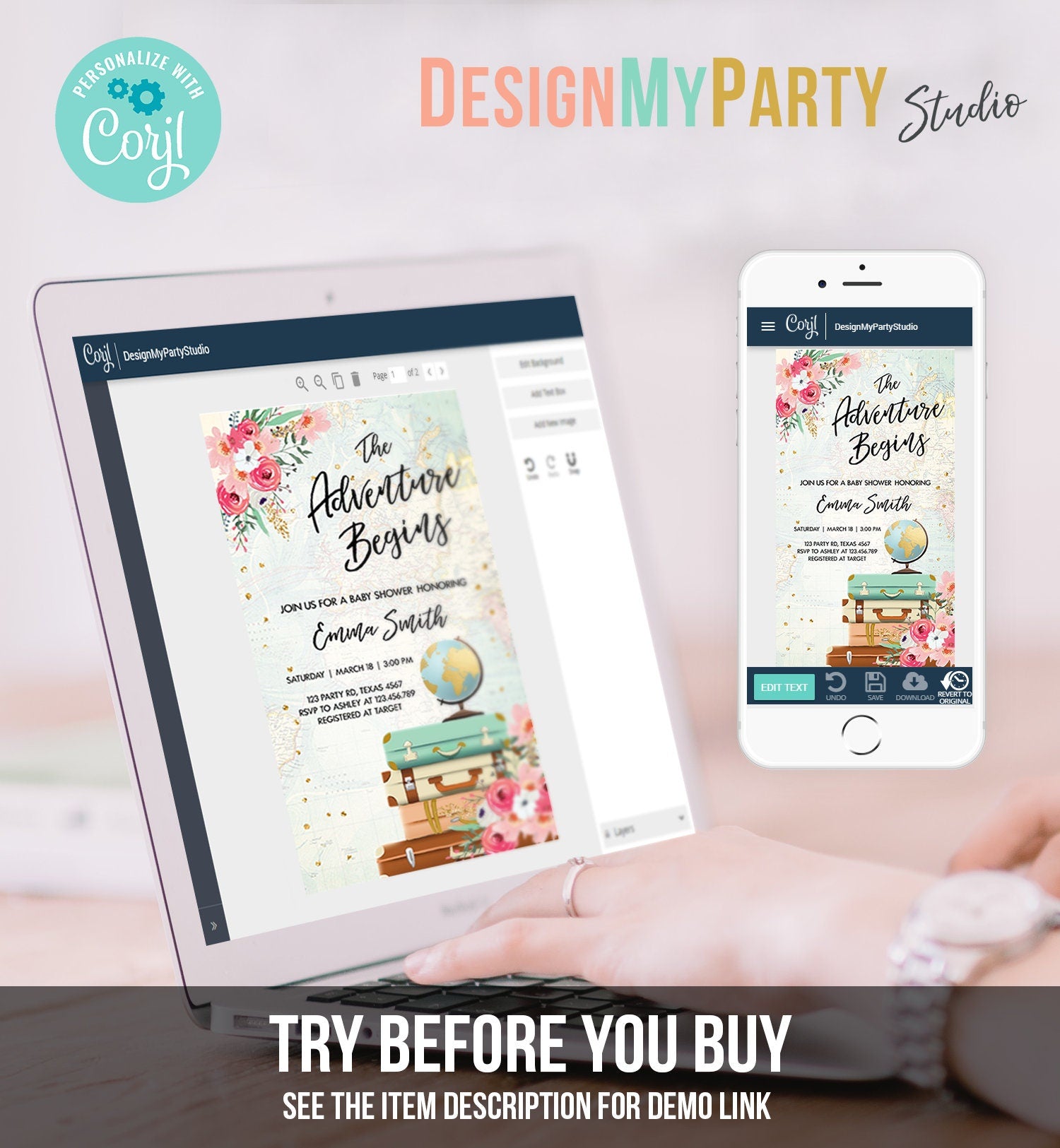 Editable The Adventure Begins Baby Shower Evite Pink Floral Gold Confetti Suitcases Travel Around World Phone Digital Evite Template 0030