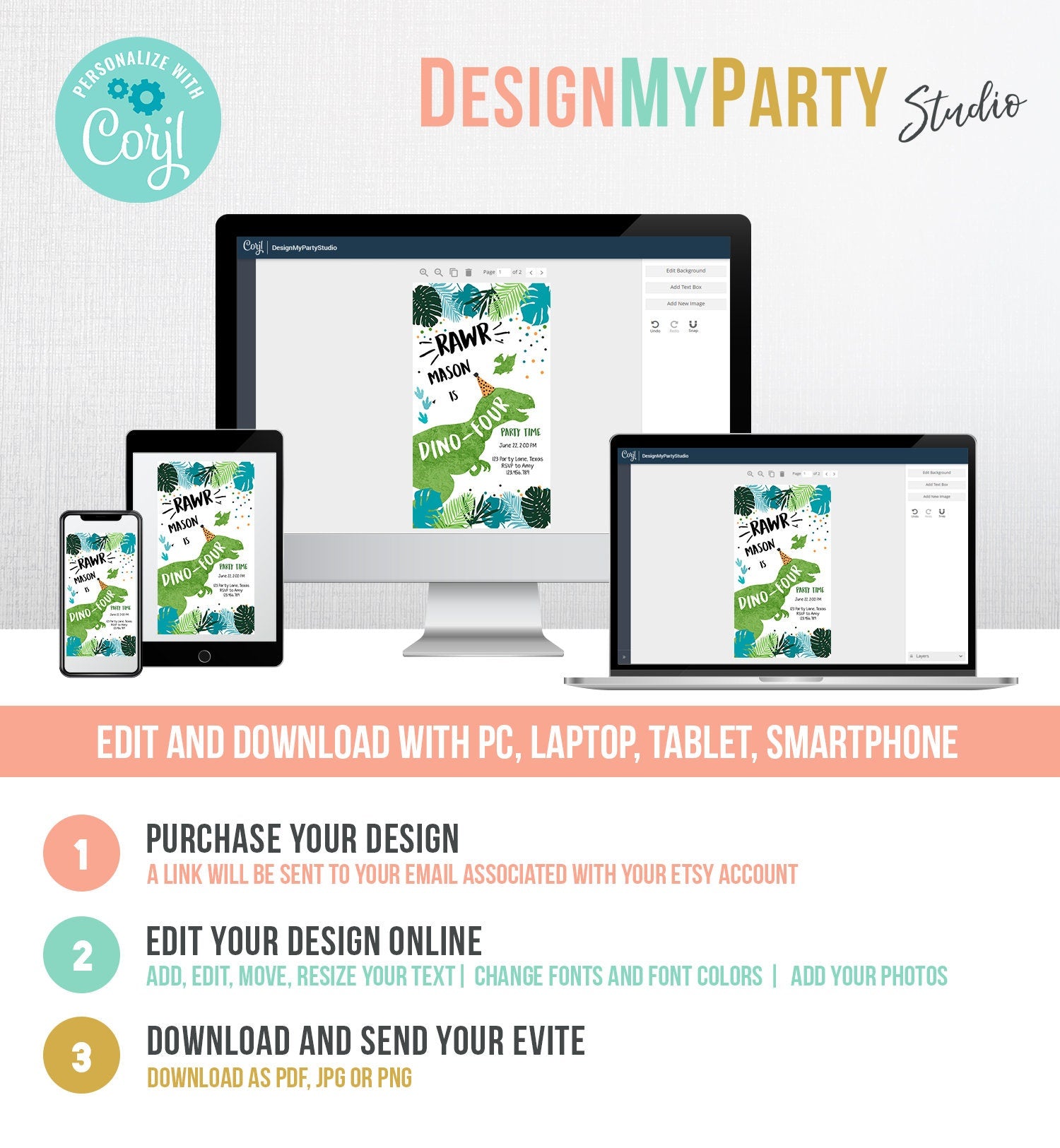 Editable Dino-Four Dinosaur Birthday Evite Dino T-Rex 4th Birthday Invitation Fourth Boy Green Prehistoric Phone Digital Corjl Template 0389