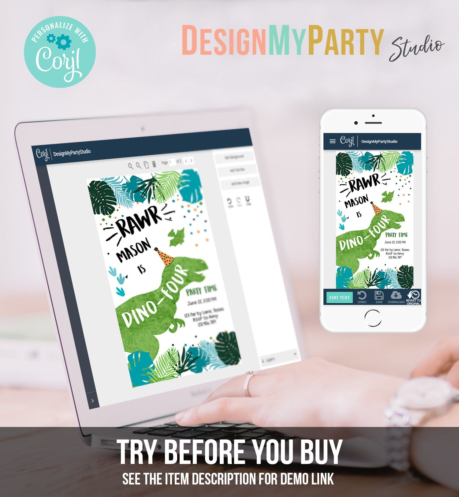 Editable Dino-Four Dinosaur Birthday Evite Dino T-Rex 4th Birthday Invitation Fourth Boy Green Prehistoric Phone Digital Corjl Template 0389