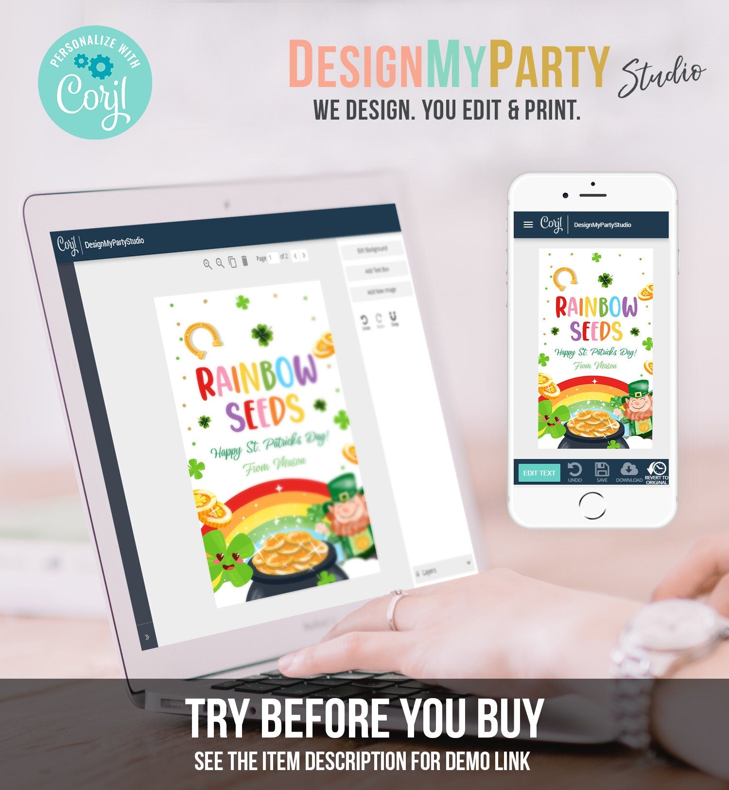 Editable St. Patrick's Day Tag Rainbow Seeds Tag Treat Favor Friend School Classroom Shamrock Teacher Digital Template Printable 0451