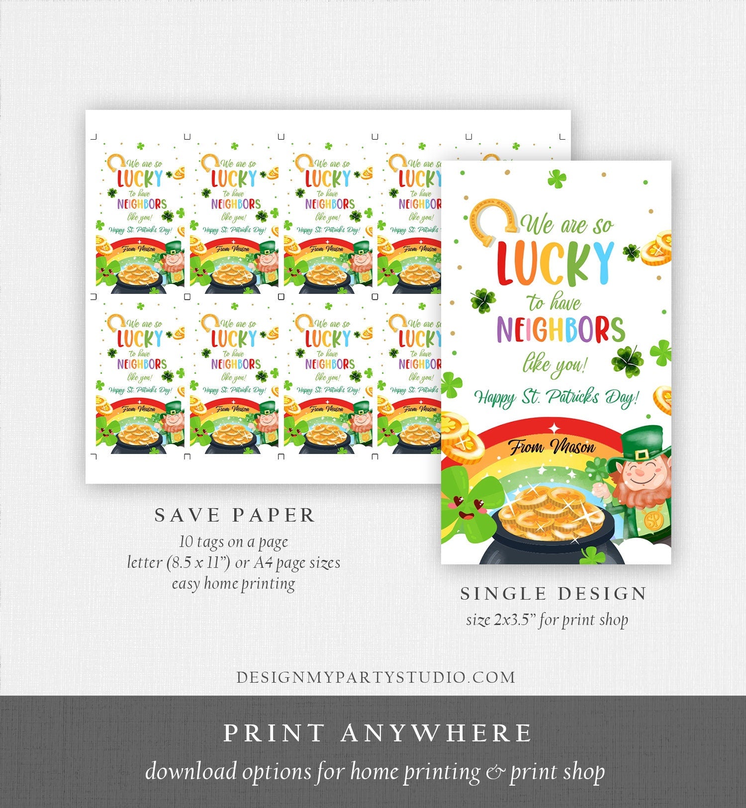 Editable St. Patrick's Day Tag Neighbor Appreciation Gift Tag Lucky To Have Neighbors Like You Neighborhood Printable Template Corjl 0451