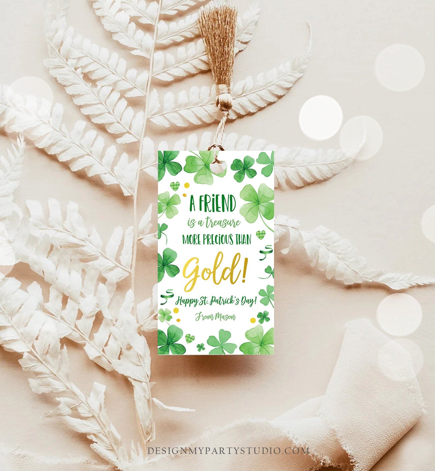 Editable St. Patrick's Day Tag A Friend Is A Treasure More Precious Than Gold School Gift Classmate Teammate Digital Template Printable 0451