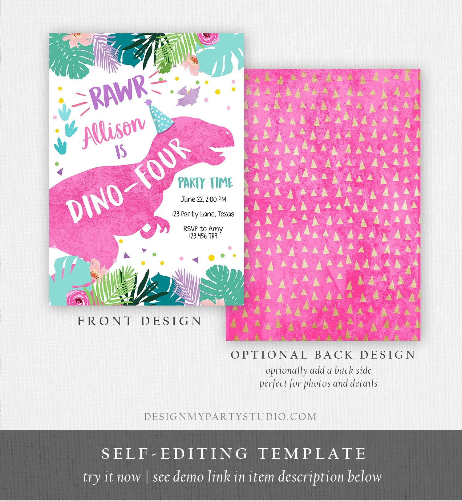 Editable Dino-Four Dinosaur Birthday Invitation Dino T-Rex 4th Birthday Fourth Rawr Girl Pink Dino Prehistoric Printable Corjl Template 0423