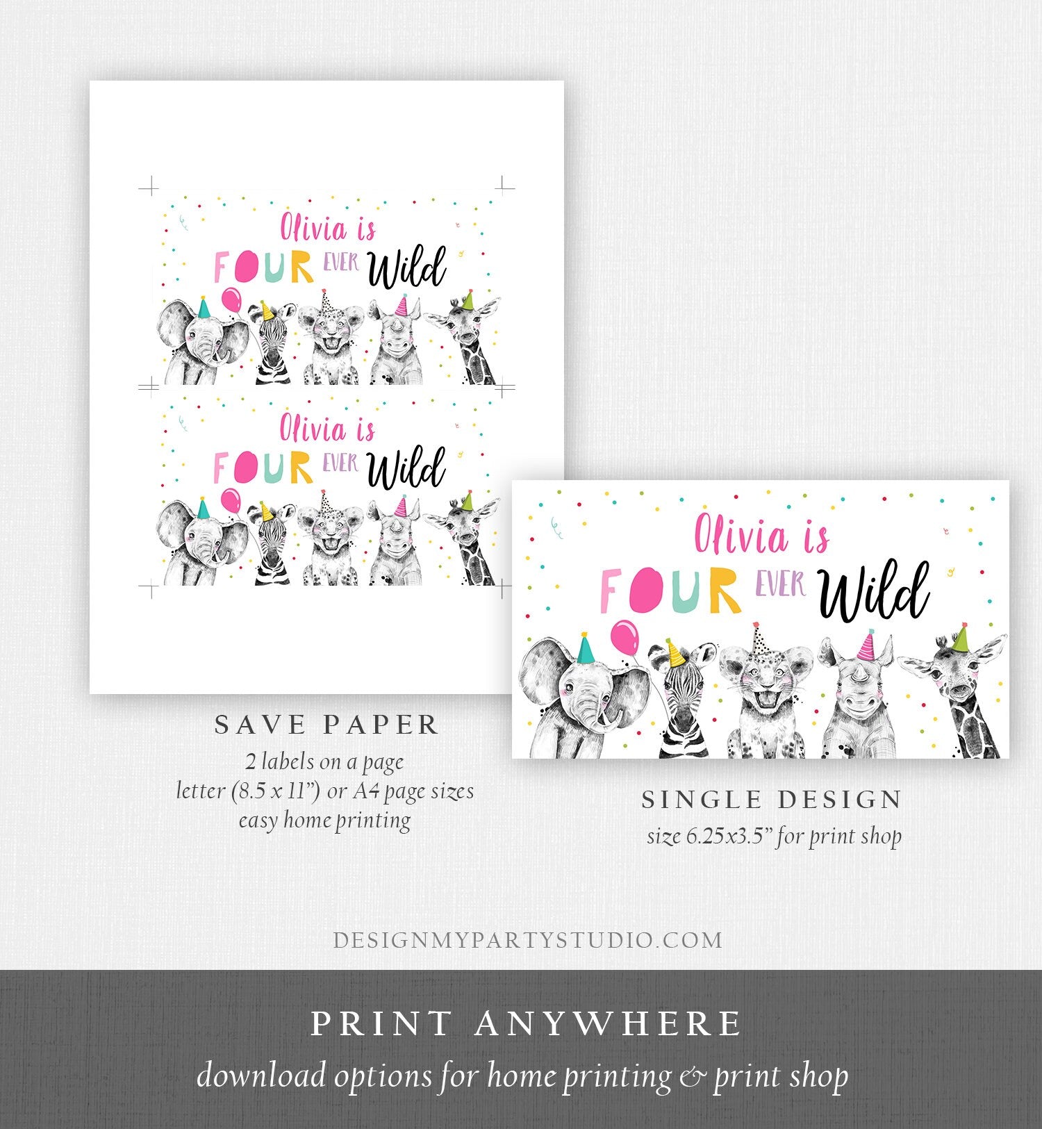 Editable Party Animals Gable Box Label Safari Animals 4th Birthday Gift Box Labels Four Ever Wild Girl Download Digital Printable 0390