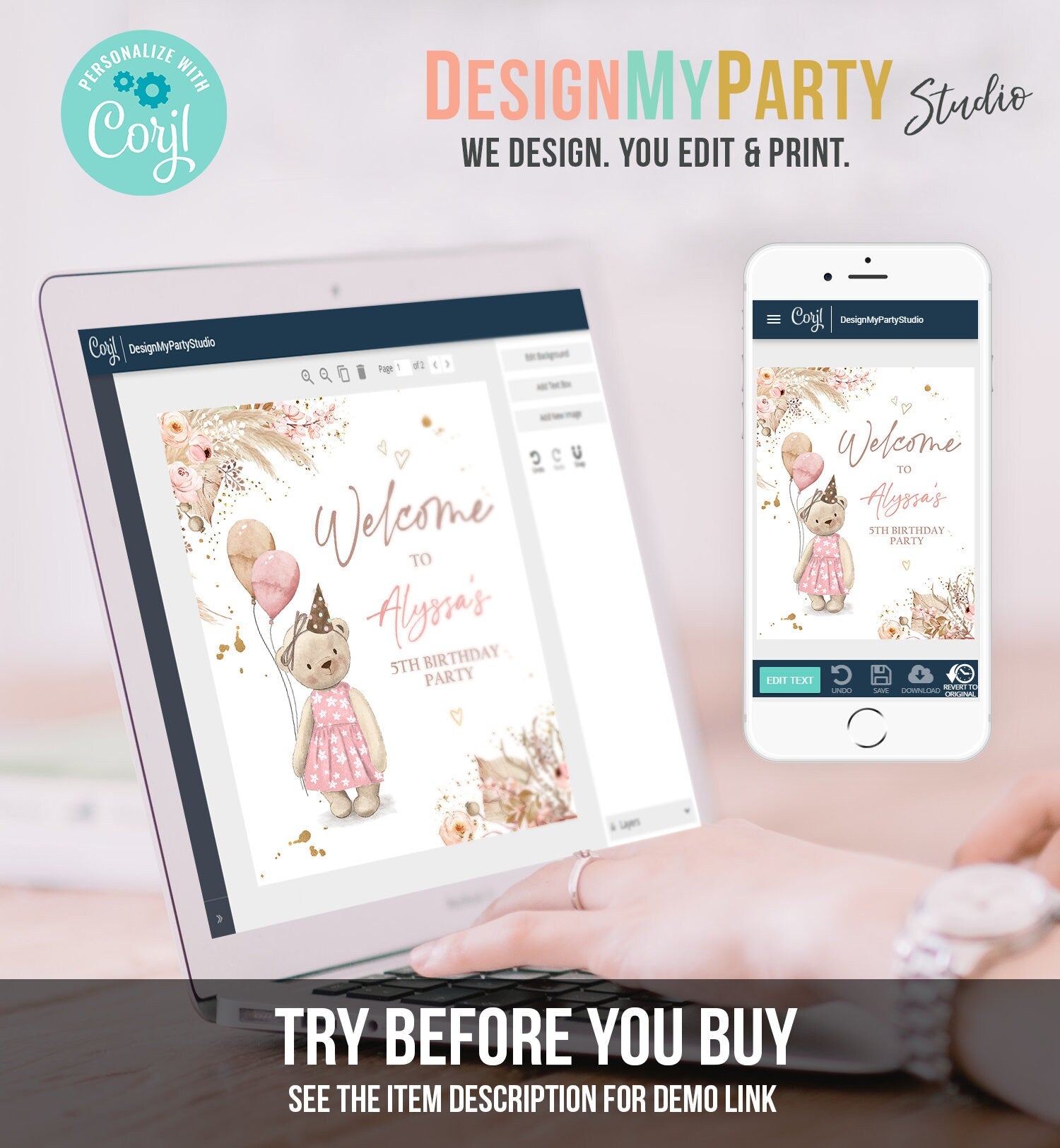 Editable Boho Teddy Bear Birthday Welcome Sign Bear Girl Bear-y First Teddy Picnic Pink Boho Rustic Bear Digital Template Printable 0421