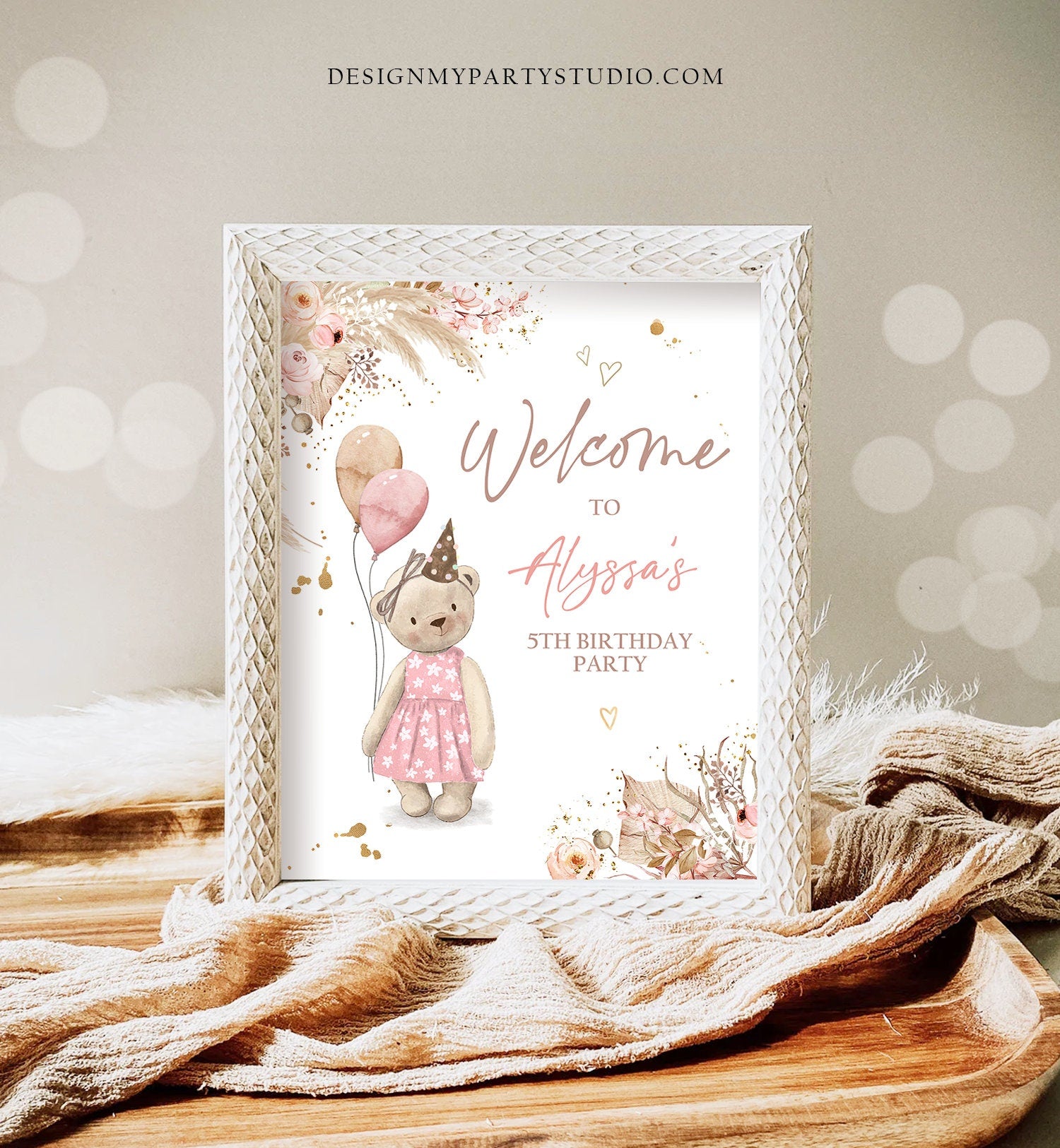 Editable Boho Teddy Bear Birthday Welcome Sign Bear Girl Bear-y First Teddy Picnic Pink Boho Rustic Bear Digital Template Printable 0421