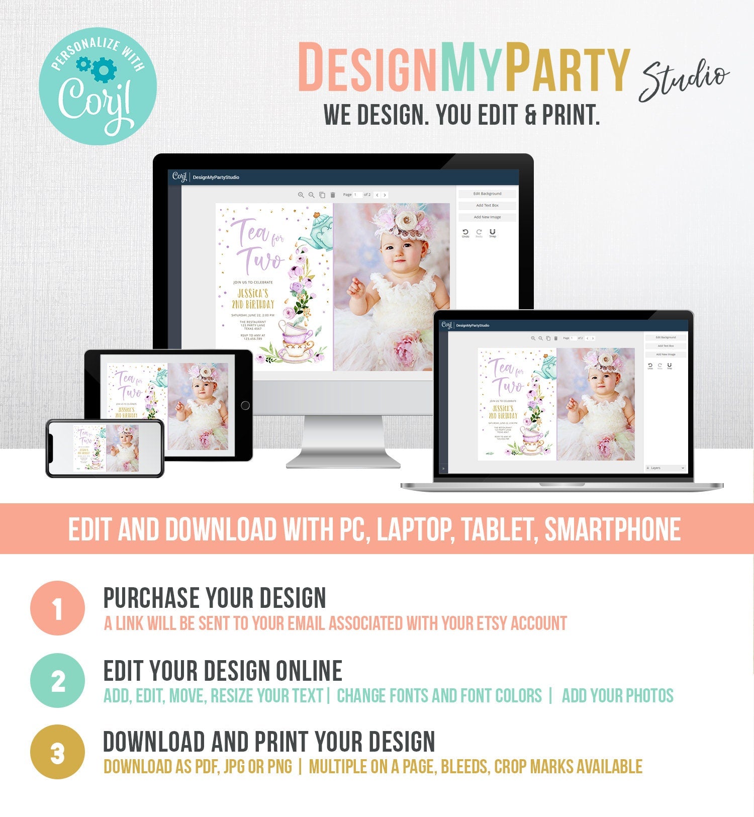 Editable Tea for Two Birthday Invitation Girl Tea Party Invite Pink Purple Floral Baby Shower Download Printable Template Digital Evite 0349