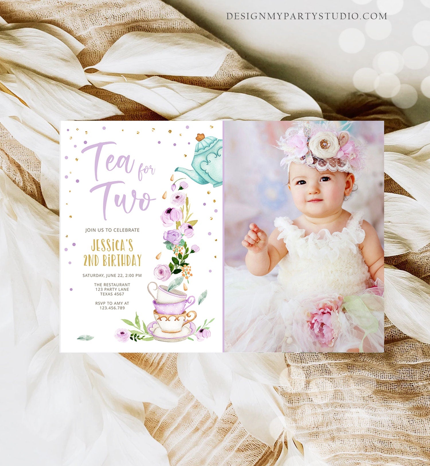 Editable Tea for Two Birthday Invitation Girl Tea Party Invite Pink Purple Floral Baby Shower Download Printable Template Digital Evite 0349
