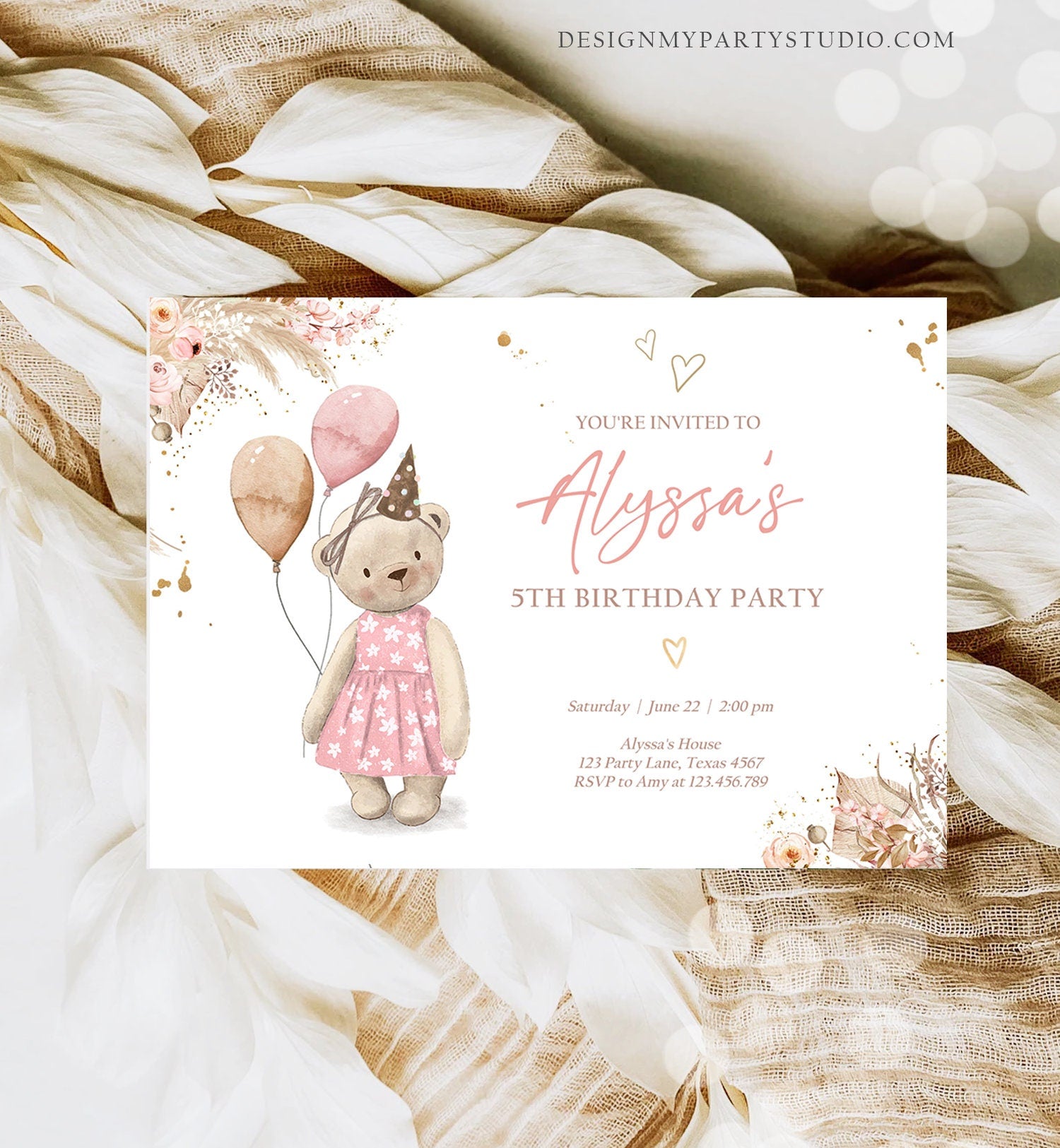 Editable Cute Teddy Bear Birthday Invitation Girl Boho Teddy Bear Picnic Summer Pampas Grass Pink Digital Download Template Printable 0421