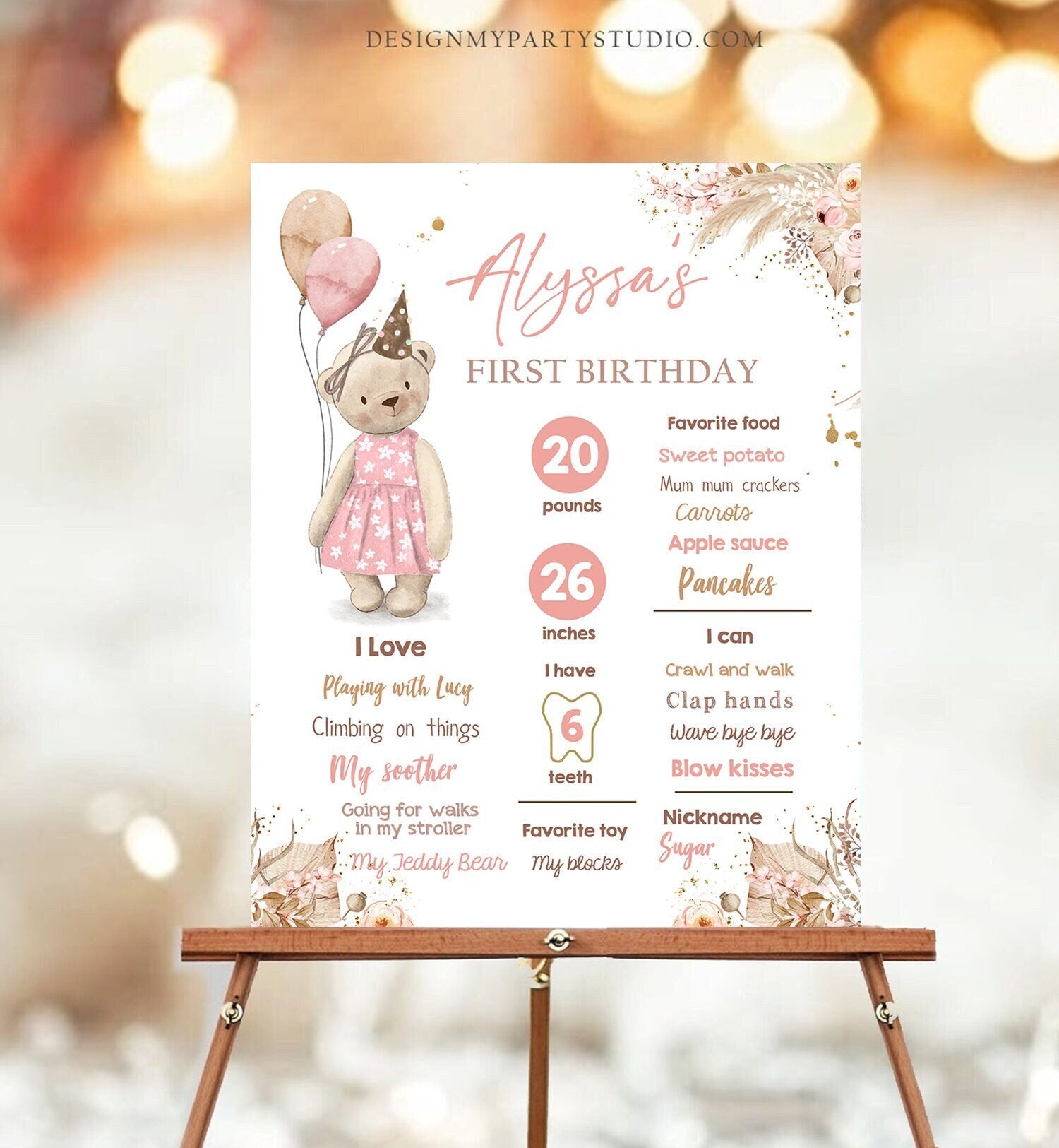 Editable Teddy Bear 1st Birthday Milestones Sign Girl Teddy Bear Picnic Birthday First Birthday Beary Download Corjl Template Printable 0421