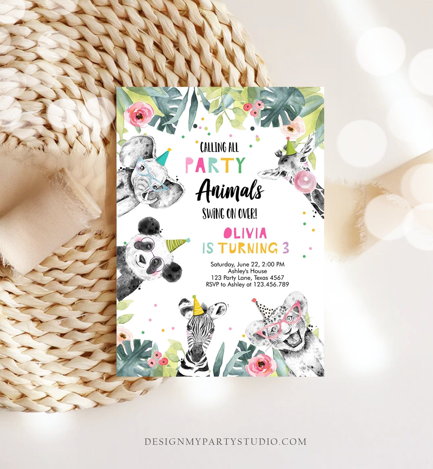 Editable Party Animals Birthday Invitation Animals Invitation Zoo Safari Animals Girl Panda Download Printable Invite Template Corjl 0322