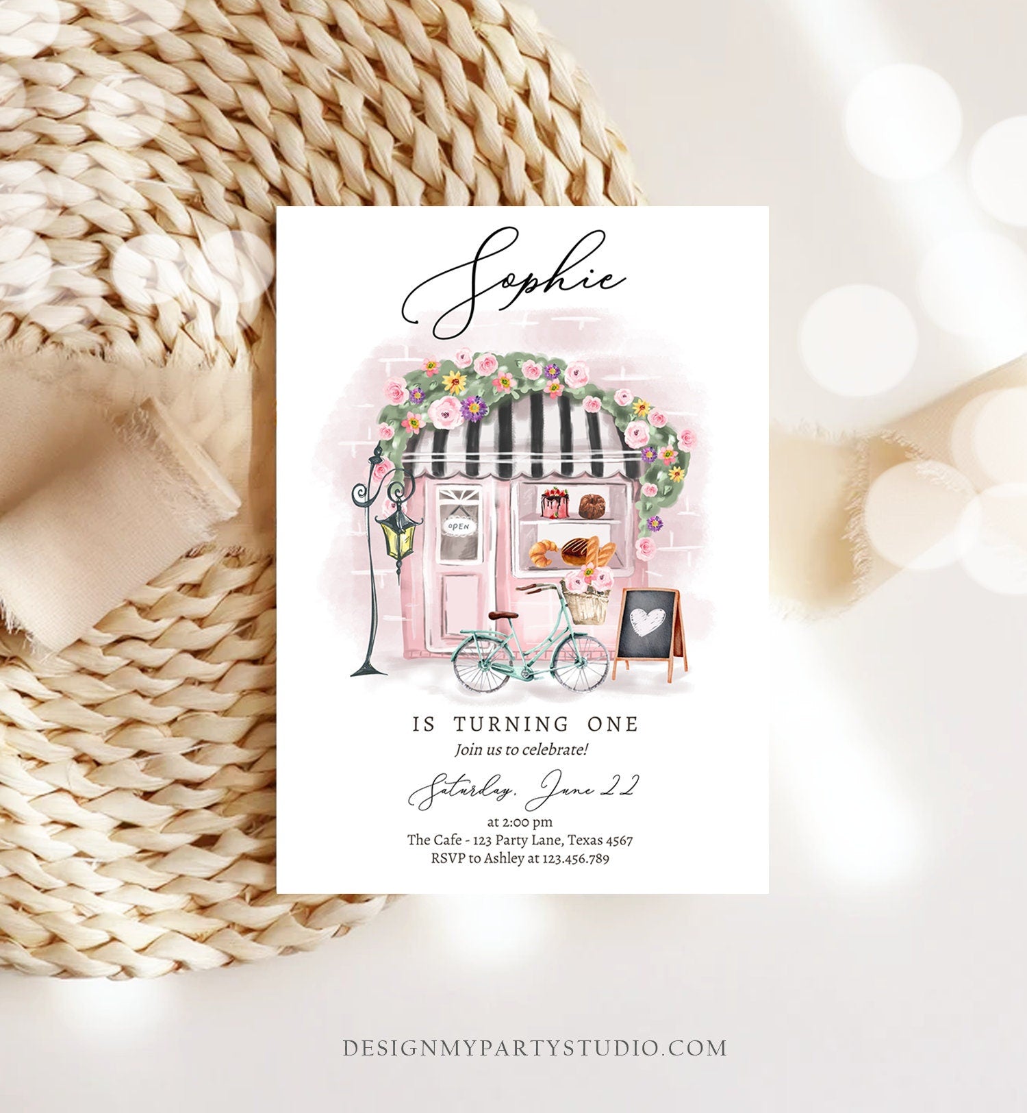 Editable Paris Birthday Invitation Girl Tea Party Invite Pink Floral French Parisian Cafe Patisserie Printable Template Evite Digital 0441