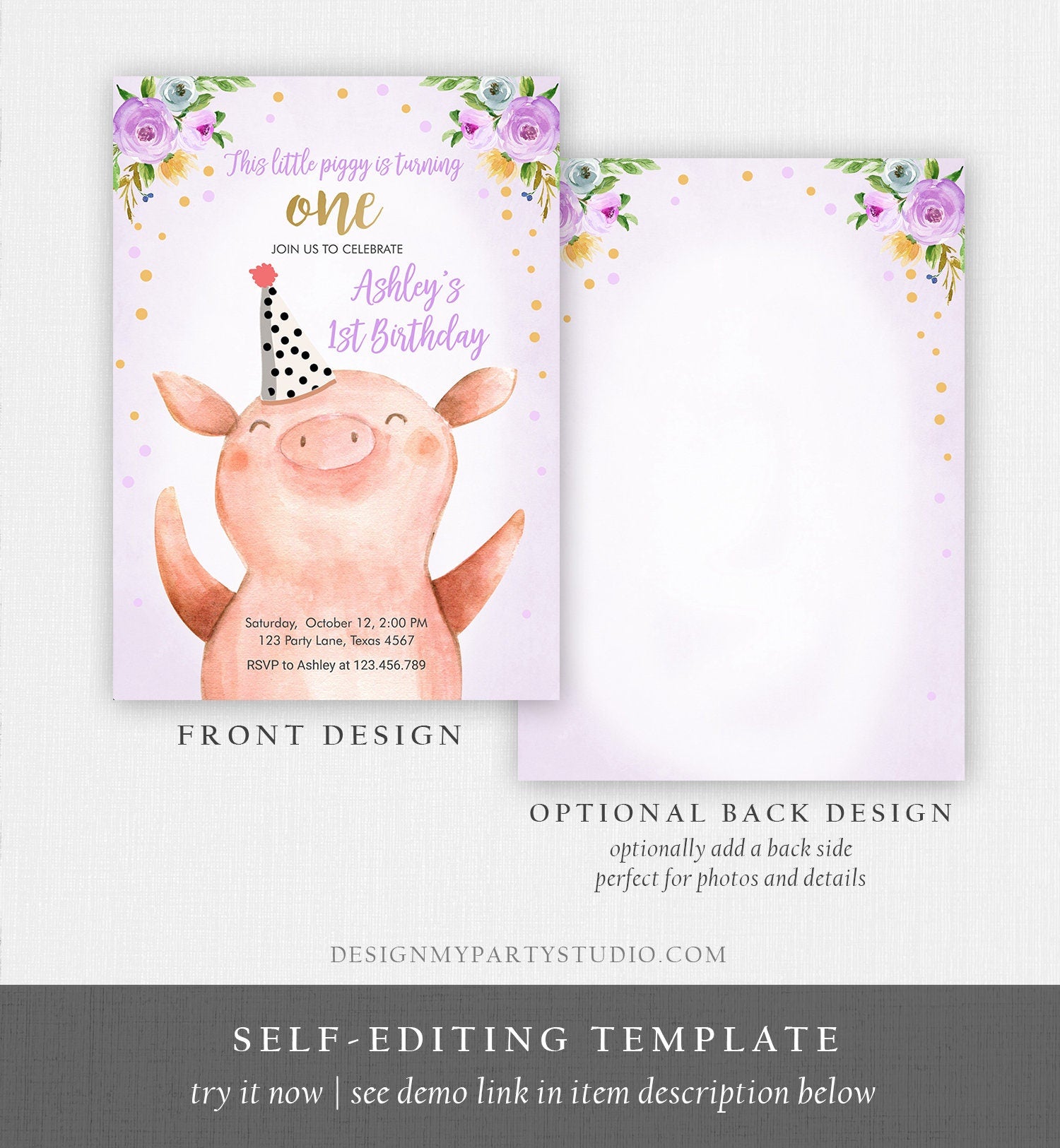 Editable Pig Birthday Invitation Girl Farm Animals Purple Floral Barnyard Party Download Printable Invitation Template Evite Digital 0188