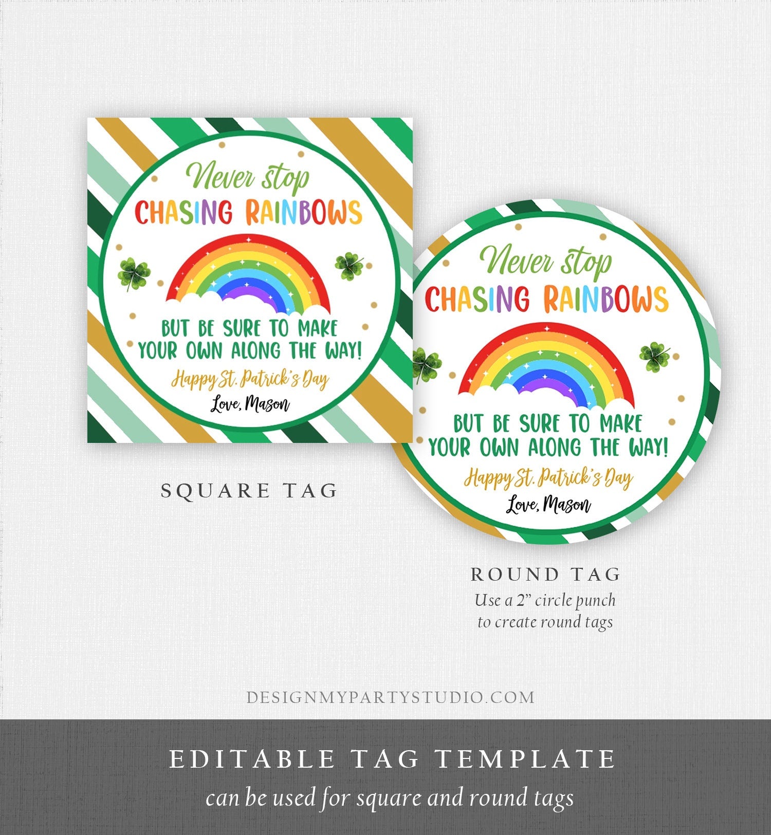 Editable Chasing Rainbows Tag St Patrick's Day Favor Tags Gift Kids Crayons Pot of Gold Shamrock Leprechaun Digital Template Printable 0451