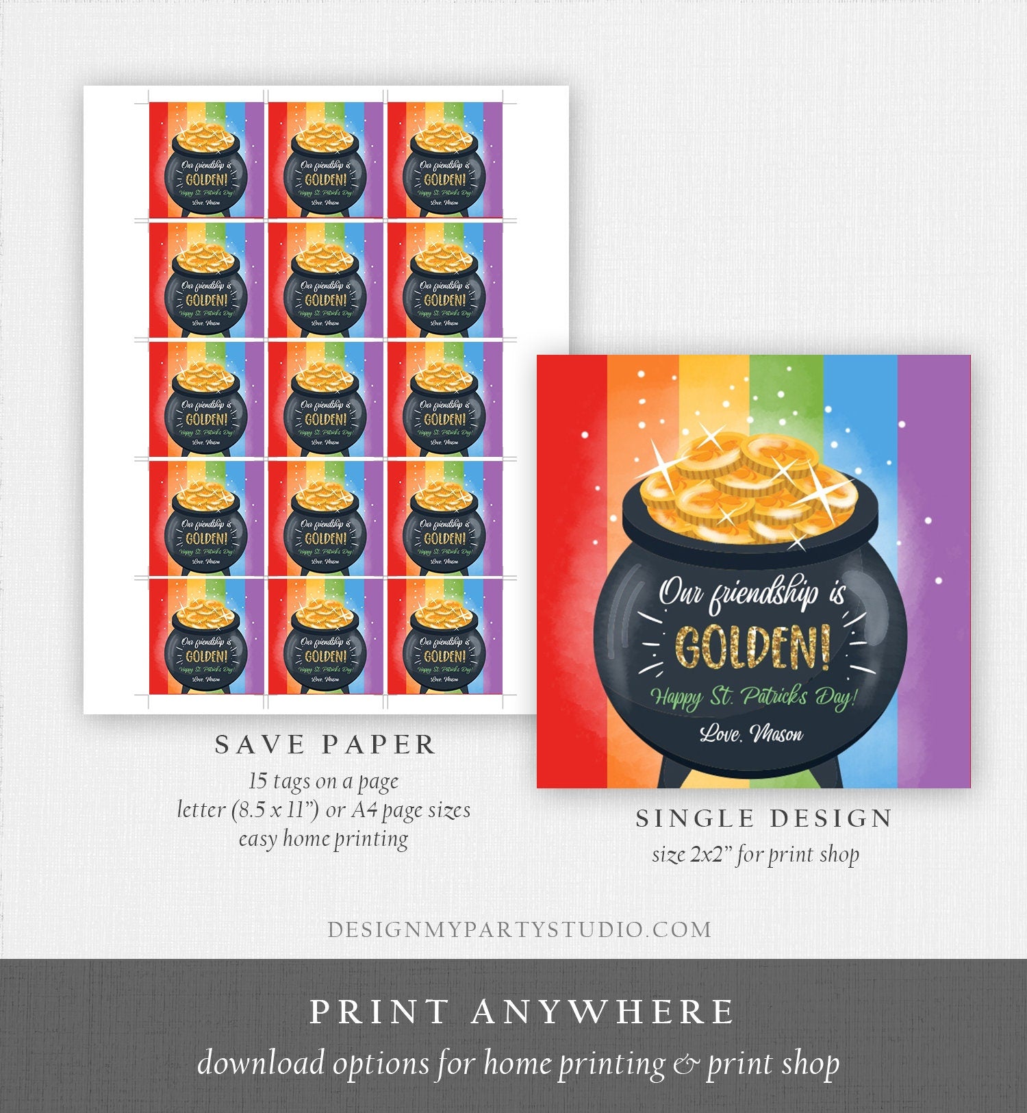 Editable St. Patrick's Day Tag Pot of Gold Favor Tags Glassroom Gift Kids Rainbow Party Favors Gift Friend Class Treats Template Corjl 0451