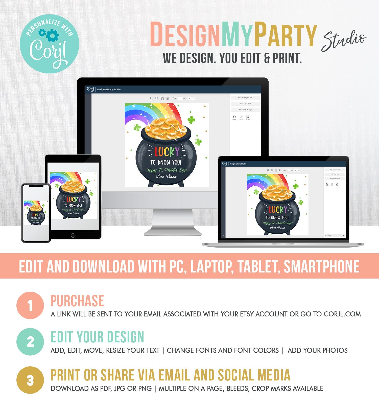 Editable St. Patrick's Day Tag Pot of Gold Favor Tags Glassroom Gift Kids Rainbow Party Favors Gift Friend Class Treats Template Corjl 0451