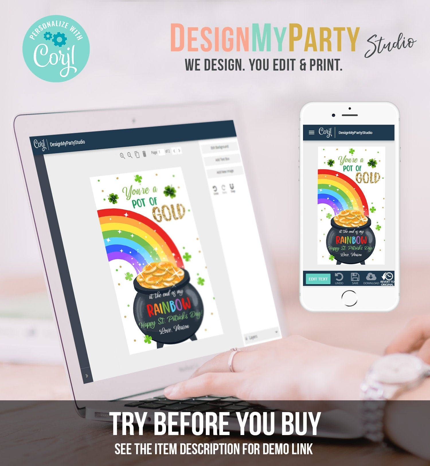 Editable St. Patrick's Day Tag Pot of Gold Favor Tags Glassroom Gift Kids Rainbow Party Friend Class Treats Digital Template Printable 0451