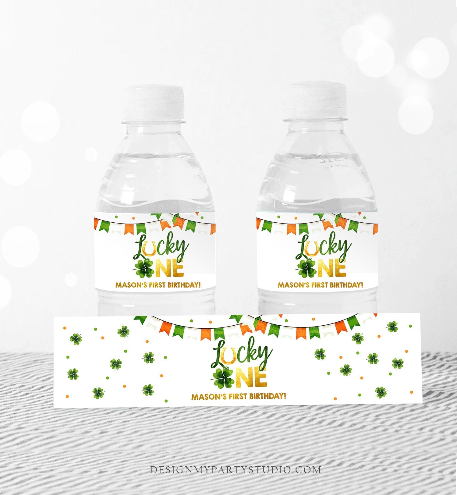 Editable Lucky One St Patricks Day Boy Green Gold 1st First Birthday Clover Shamrock Horse Shoe Download Corjl Template Printable 0379