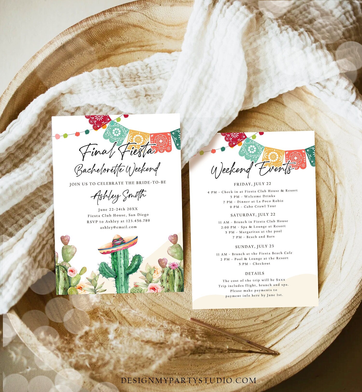 Editable Final Fiesta Bachelorette Weekend Engagement Invitation Bridal Shower Watercolor Cactus Succulent Digital Template Printable 0404