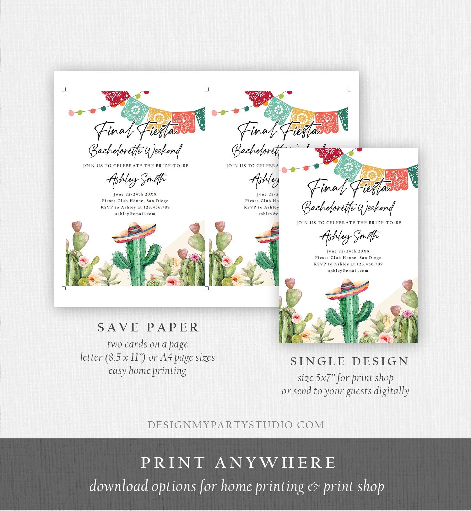 Editable Final Fiesta Bachelorette Weekend Engagement Invitation Bridal Shower Watercolor Cactus Succulent Digital Template Printable 0404