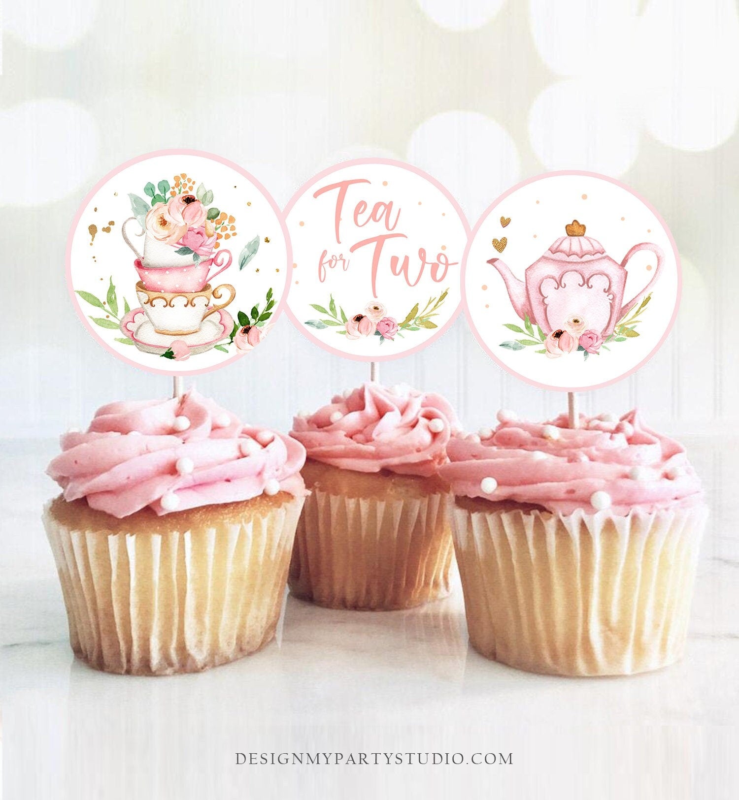 Tea Party Cupcake Toppers Tea Birthday Cupcake Toppers Favor Tag Girl Tea For Two Whimsical Floral Pink Gold Download Digital PRINTABLE 0349
