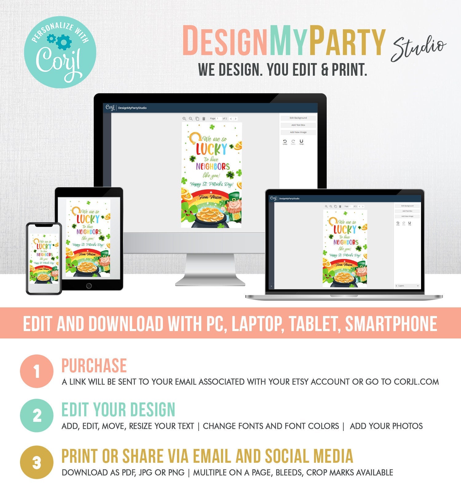 Editable St. Patrick's Day Tag Neighbor Appreciation Gift Tag Lucky To Have Neighbors Like You Neighborhood Printable Template Corjl 0451