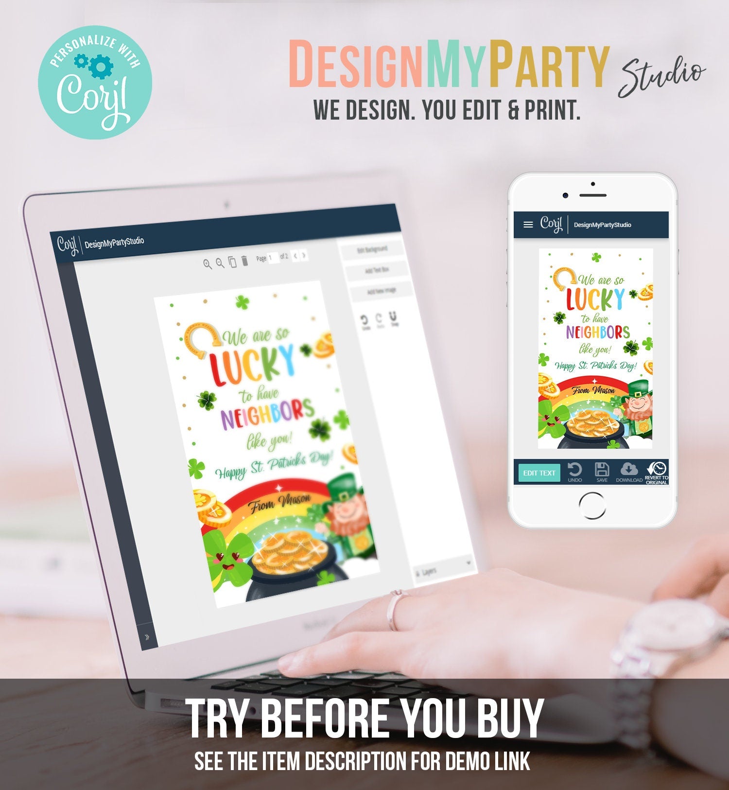 Editable St. Patrick's Day Tag Neighbor Appreciation Gift Tag Lucky To Have Neighbors Like You Neighborhood Printable Template Corjl 0451