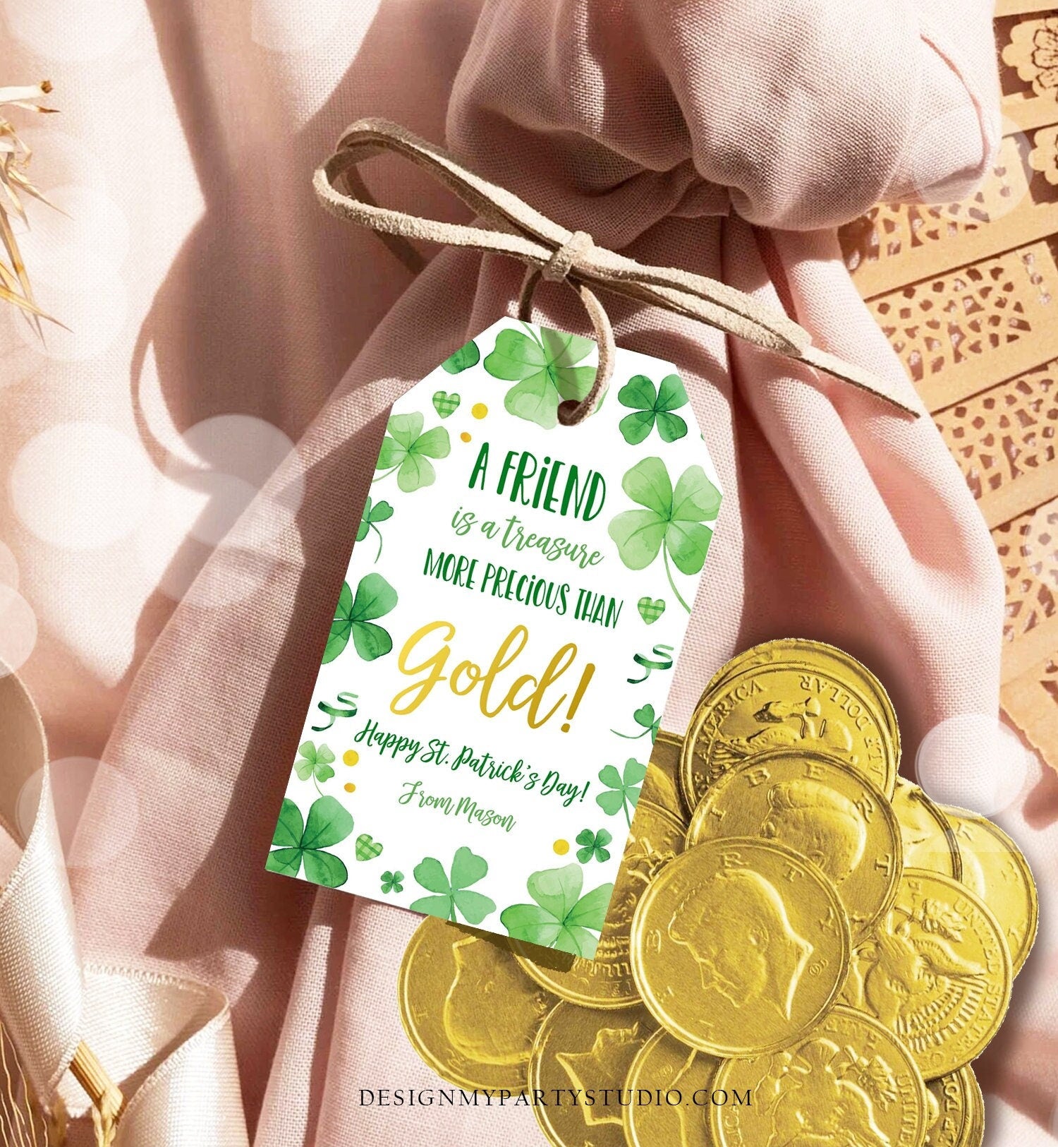 Editable St. Patrick's Day Tag A Friend Is A Treasure More Precious Than Gold School Gift Classmate Teammate Digital Template Printable 0451