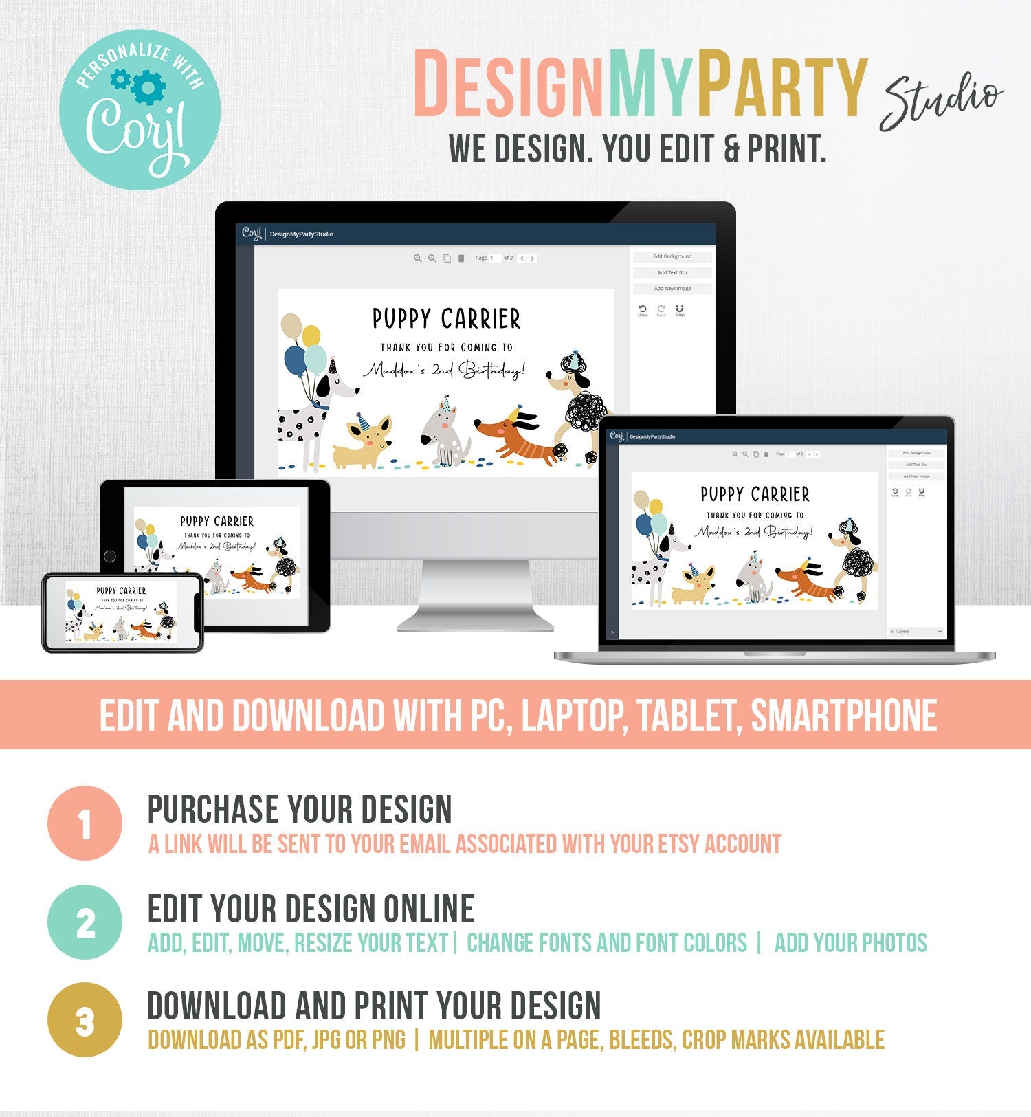 Editable Puppy Carrier Box Favor Label Puppy Birthday Favor Box Label Boy Blue Adopt a Puppy Pet Pawty Digital Download Printable Corjl 0429