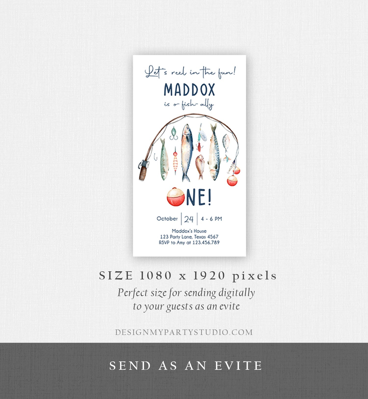 Editable Fishing Birthday Evite Fishing Party O-Fish-Ally The Big One Gone Fishing Blue Boy Download Electronic Phone Template Corjl 0454