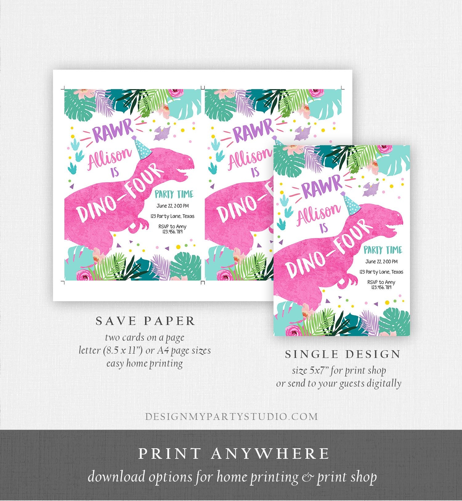 Editable Dino-Four Dinosaur Birthday Invitation Dino T-Rex 4th Birthday Fourth Rawr Girl Pink Dino Prehistoric Printable Corjl Template 0423