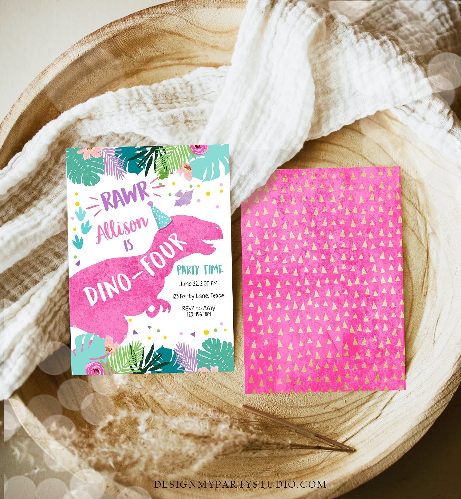 Editable Dino-Four Dinosaur Birthday Invitation Dino T-Rex 4th Birthday Fourth Rawr Girl Pink Dino Prehistoric Printable Corjl Template 0423