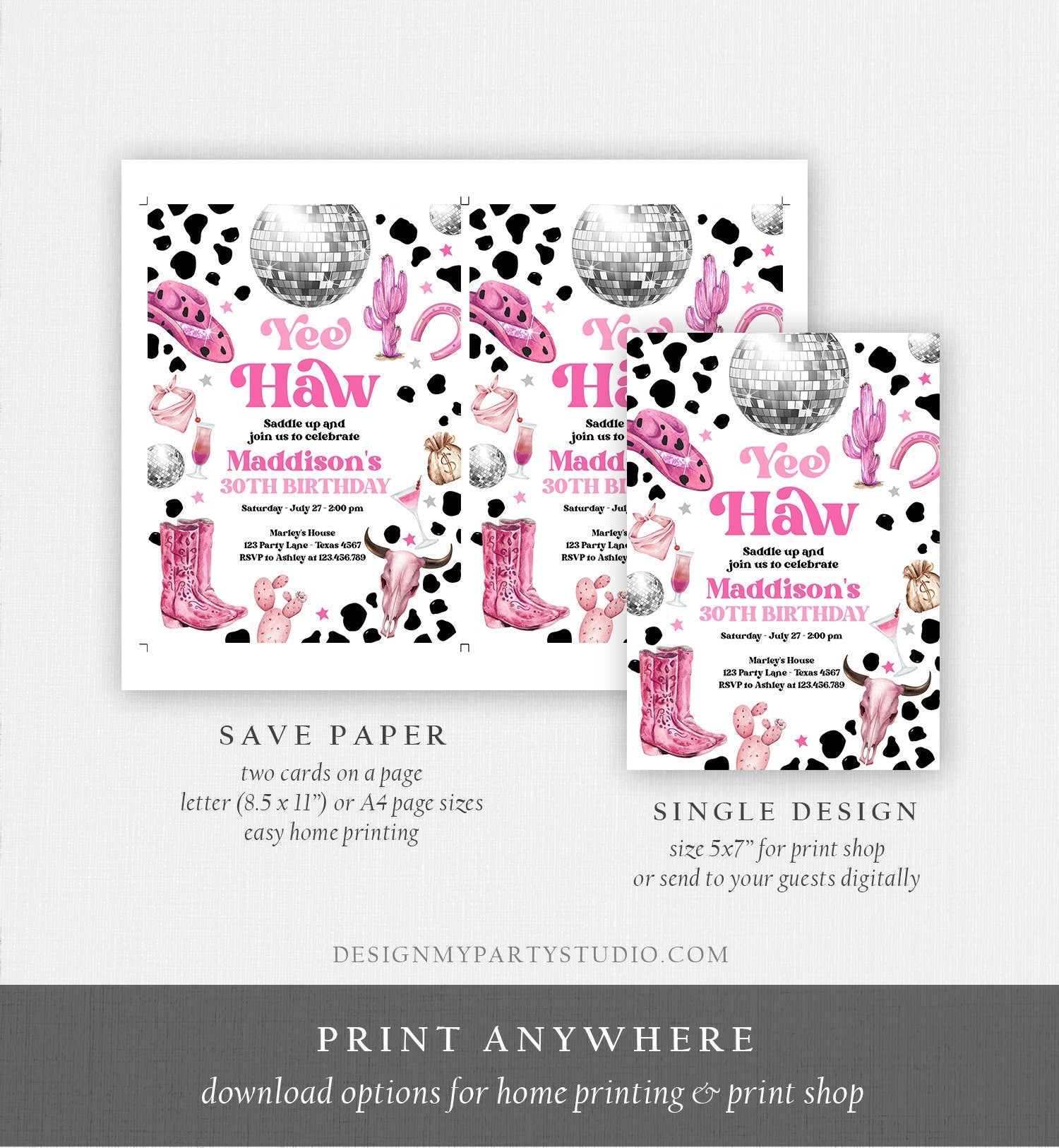 Editable Space Cowgirl Birthday Invitation Disco Cowgirl Invite Pink Girl Adult Birthday Wild West 30 Download Printable Template Corjl 0455