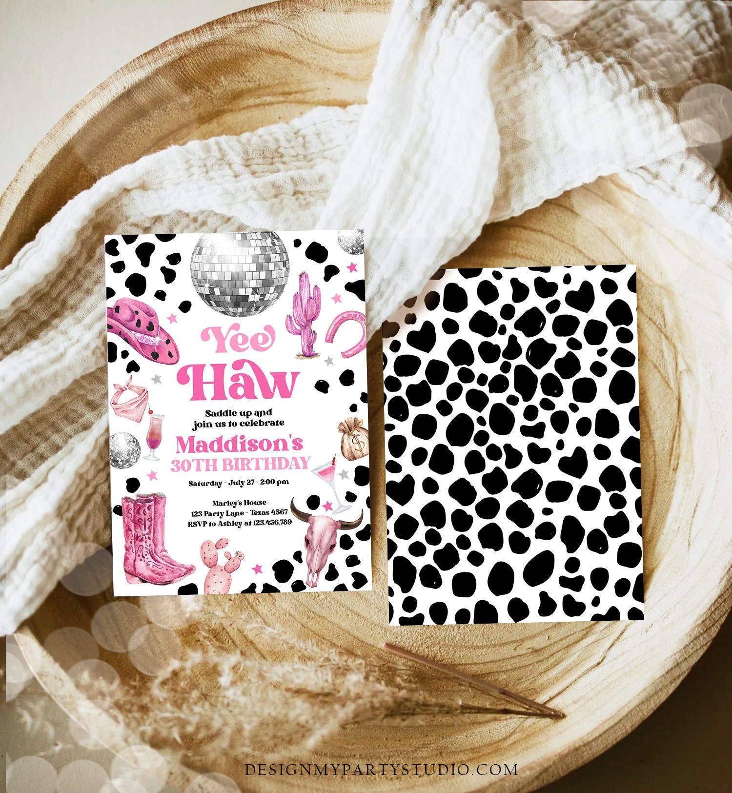 Editable Space Cowgirl Birthday Invitation Disco Cowgirl Invite Pink Girl Adult Birthday Wild West 30 Download Printable Template Corjl 0455