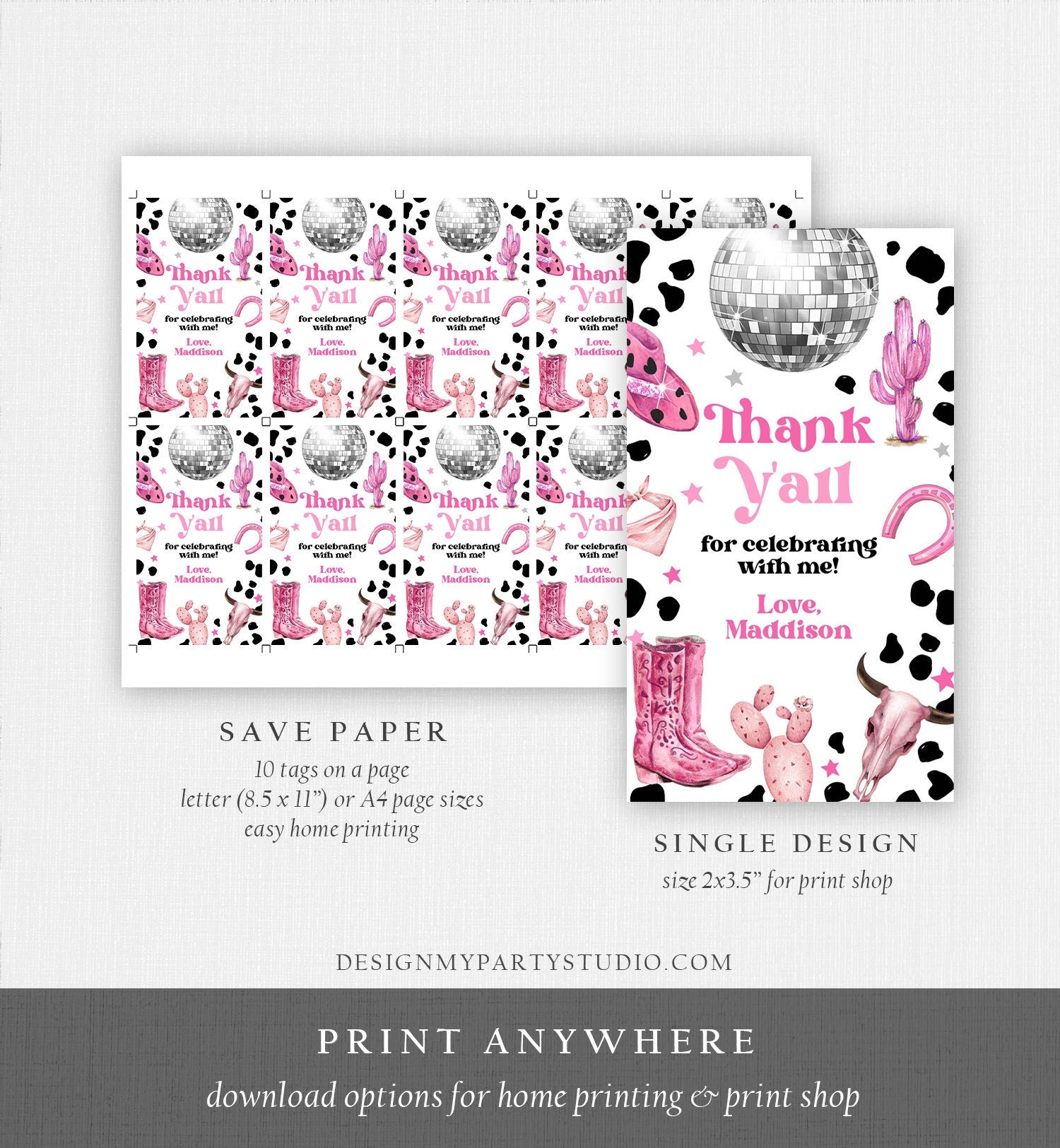 Editable Disco Cowgirl Birthday Favor Tag Nashville Party Gift Tag Pink Girl Rodeo Party Wild West Space Cowgirl Digital Corjl Template 0455