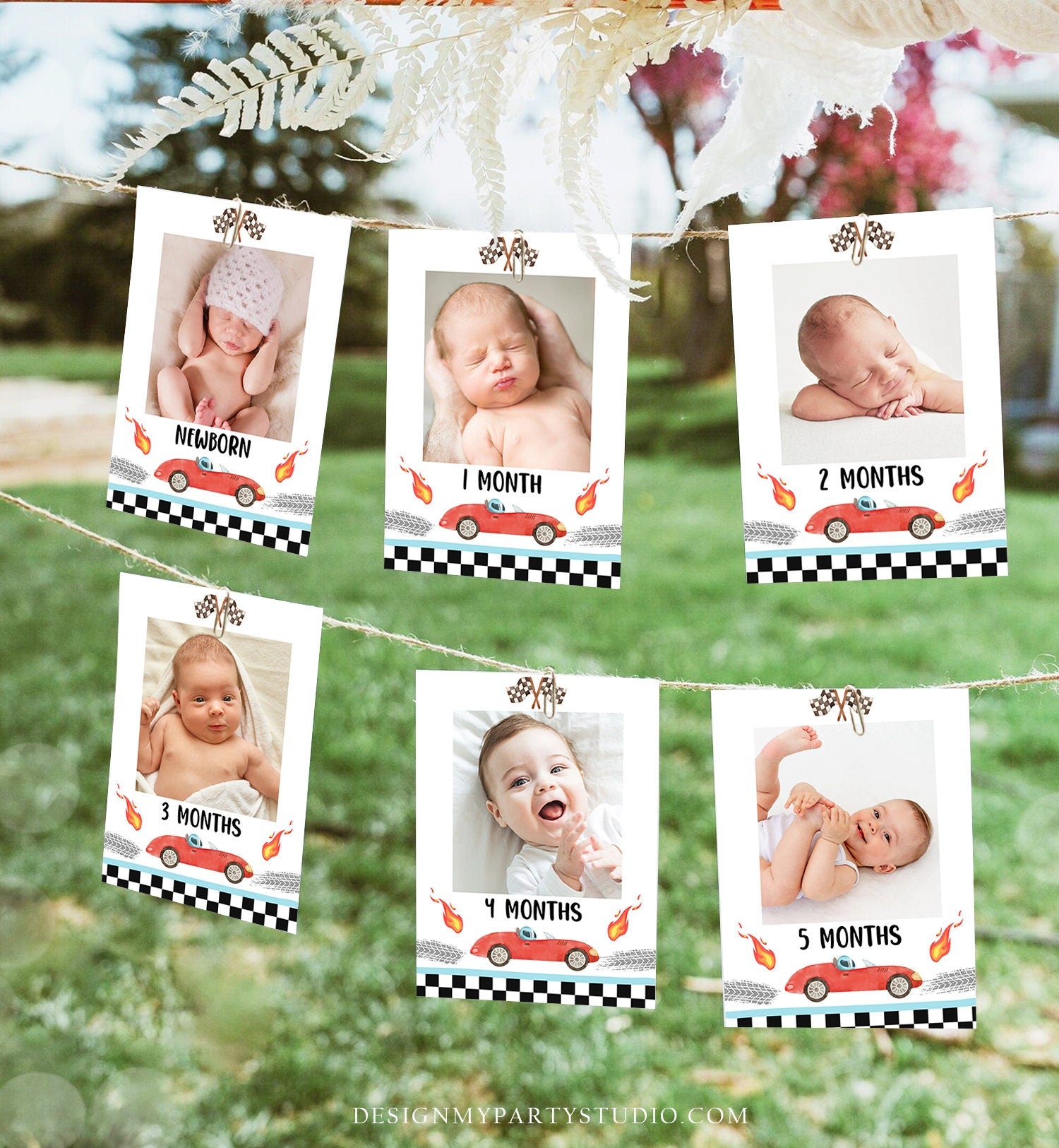Editable Race Car Birthday Banner Monthly Photo Banner ANY AGE Growing Up Two Fast Red Fast One 1st Digital Download Template Printable 0424