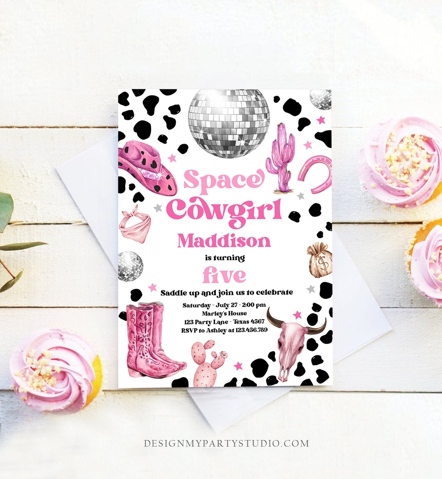 Editable Space Cowgirl Birthday Party Invitation Disco Cowgirl Invite Pink Girl Rodeo Country Digital Download Printable Template Corjl 0455