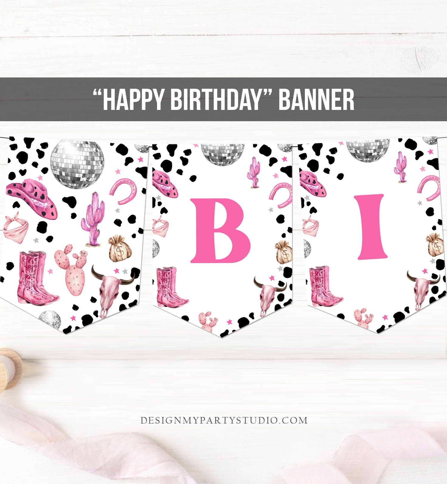 Happy Birthday Banner Pink Cowgirl Birthday Banner Disco Cowgirl Birthday Decor Space Cowgirl Wild West Rodeo PRINTABLE DIGITAL DIY 0455