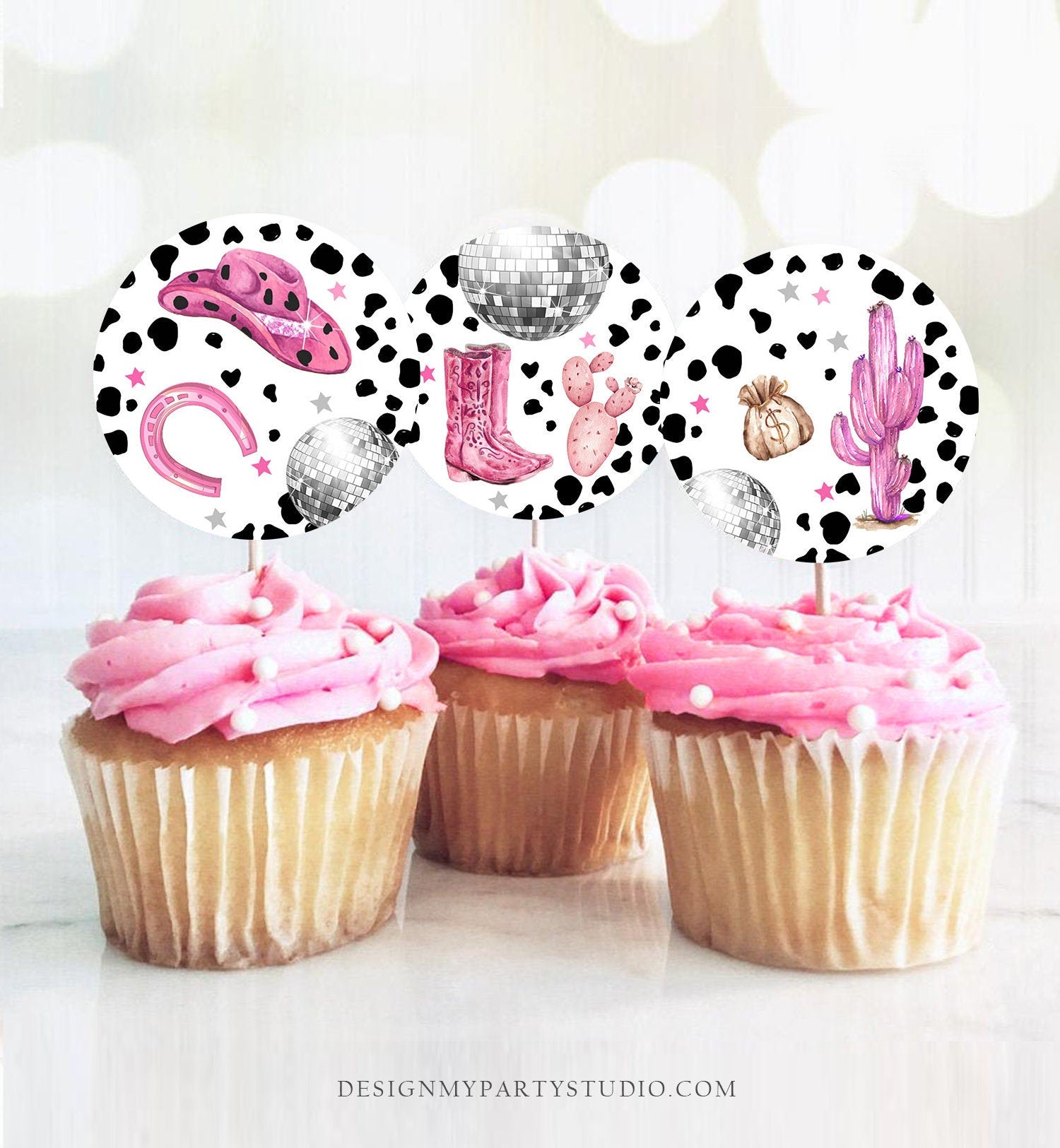 Space Cowgirl Cupcake Toppers Disco Cowgirl Birthday Cupcake Toppers Favor Tag Girl Nashville Rodeo Party Download Digital PRINTABLE 0455