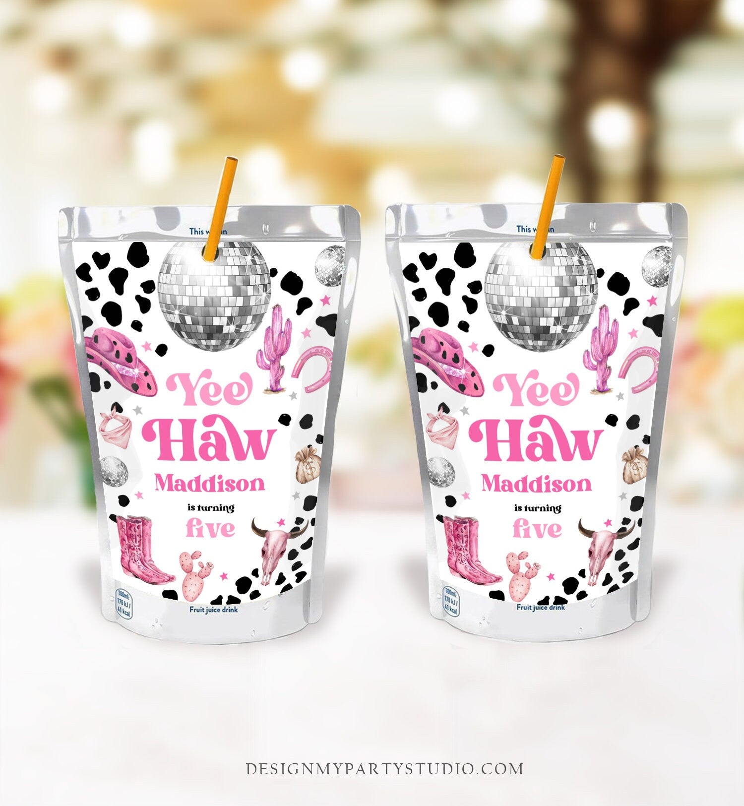 Editable Space Cowgirl Juice Pouch Label Juice Favors Disco Cowgirl Birthday Rodeo Party Girl Digital Download Template Printable 0455