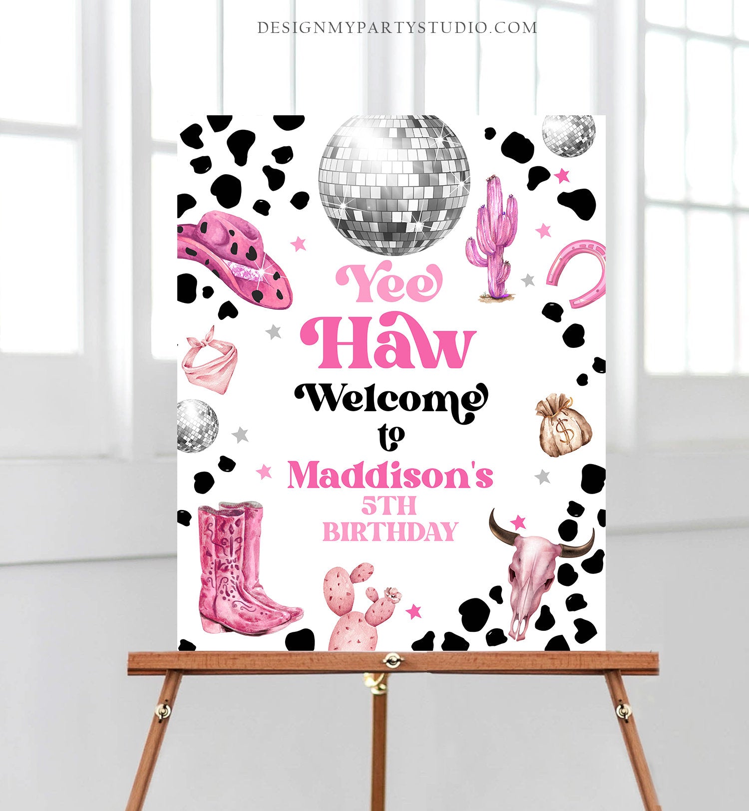 Editable Space Cowgirl Welcome Sign Disco Cowgirl Birthday Door Sign Wild West Rodeo Party Sign Poster Pink Template PRINTABLE Corjl 0455