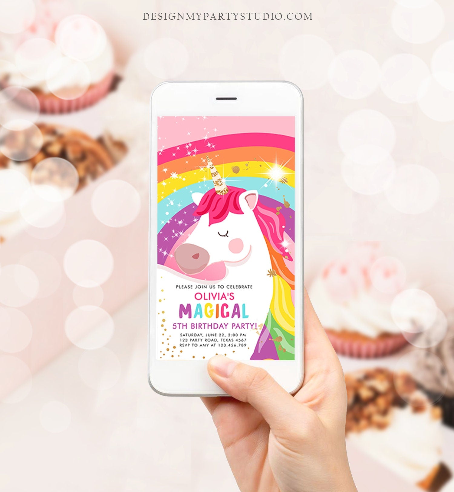 Editable Unicorn Birthday Evite Magical Unicorn Party Girl Pink Gold Unicorn Invitation Rainbow Phone Digital Evite Template Printable 0323